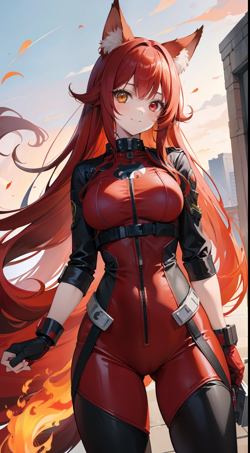 Adult woman, long red curly hair, Heterochromia, red and yellow eyes, fox ears and tails, Superhero Uniform Red, open thighs, ssmile, fire, Masterpiece, hiquality