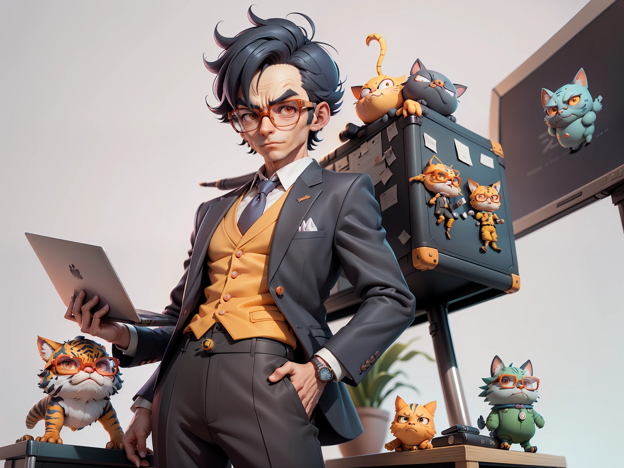 A young man in a suit and trousers, Short hair and glasses sat at his desk，holding laptop，digitial painting，tigre，3D character design by Mark Clairen and Pixar and Hayao Miyazaki and Akira Toriyama，4K HD illustration，Very detailed facial features and cartoon-style visuals。