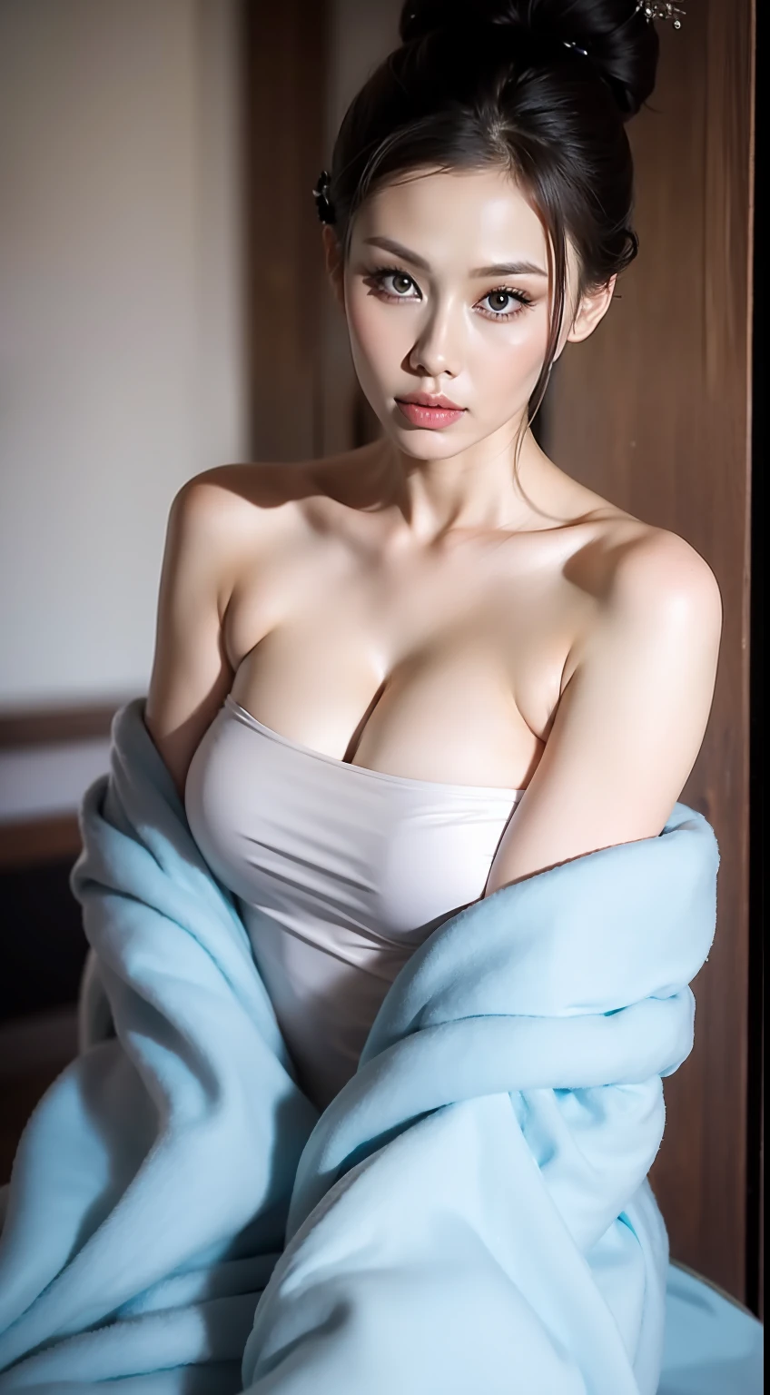 Fashion model 25 years old [[[[closeup cleavage]]]], [[[[boobgasm]]]], [[[[coll]]]], [[[[bshoulders]]]], perfect  eyes, Perfect iris，Perfect lips，perfect teeth，Perfect skin，Slender face，Soft front light，hdr，Movie girl，Casual，sitted，In the background is the bedroom；（pastel colour：1.2）