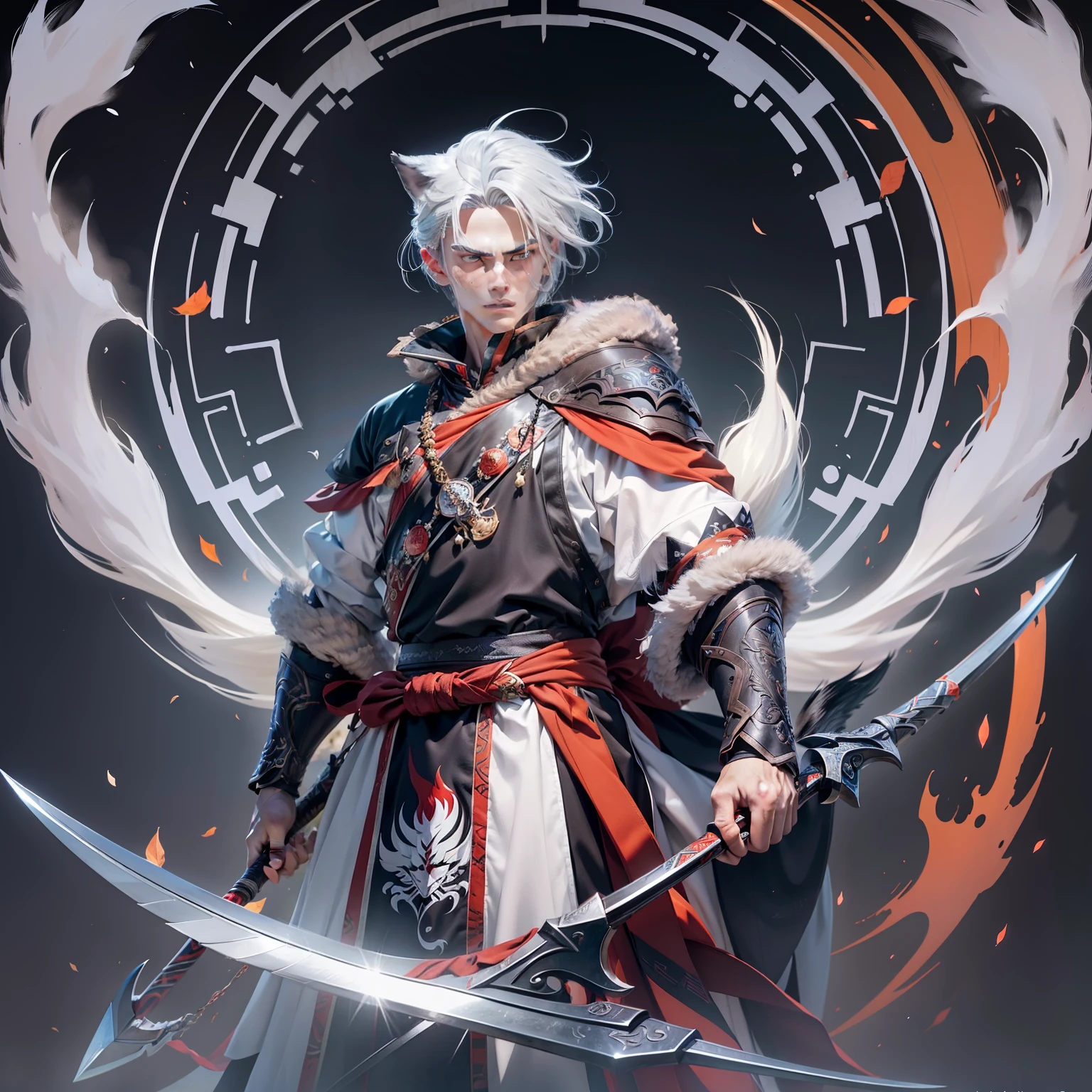 a boy in his 20s with platinum hair on his head with two white wolf ears and sapphire blue pupils along with a well-proportioned, slightly muscular body with a wolf tail on his body.  wearing a black full body armor with some white motifs in his hand holding an anime scythe in jet black and blood red with an intricate scythe, scythe design,  fictitious scythe, standing on a meadow behind a forest in the distance, inspired by sesshomaru in inuyasha (completed fingers, whole body)