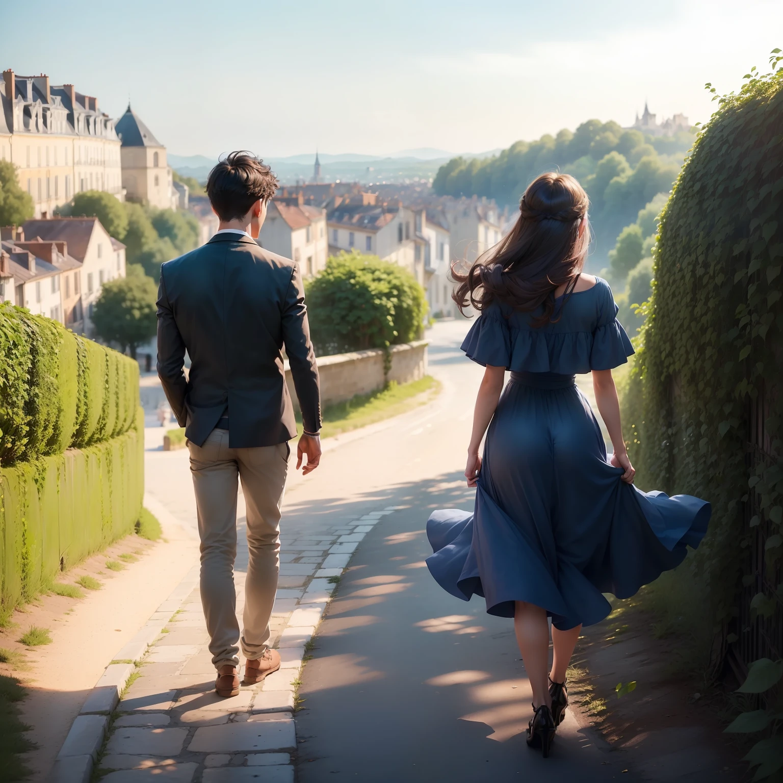 (((a boy and a beautiful girl in their twenties))),(in France), in love, romance, (Everyone Smiling), (Beautiful Sky),(Gentle Wind),(More Greenery),(Less People: 0.8),(((back shot))),(((full body)))