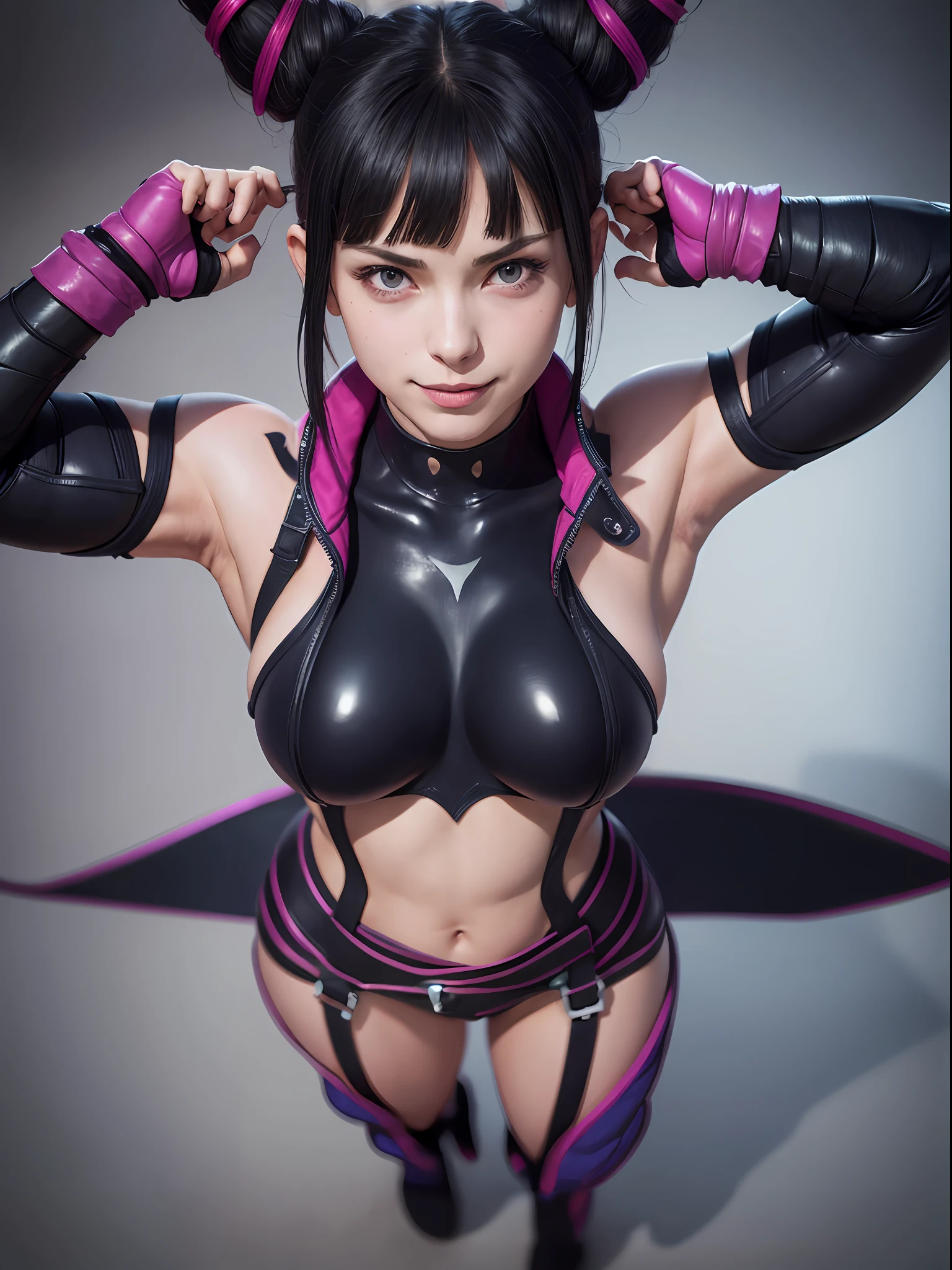 jurims, sfv, hair horns, seductive smile, (masterpiece, best quality:1.4), (standing:1.1), full body, (upside-down), (1girl), solo, detailed background, depth of field, volumetric lighting, sharp focus, absurdres, realistic proportions, good anatomy, (realistic, hyperrealistic:1.4), 16k hdr,