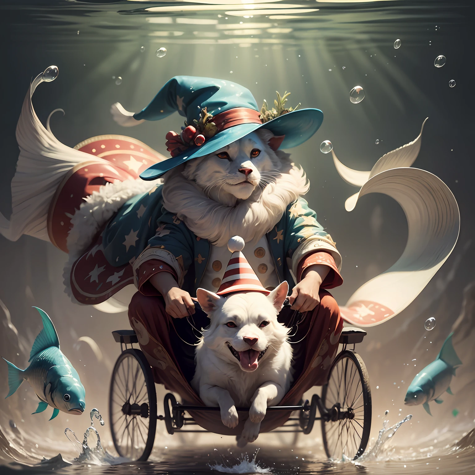 Arabian tale from the 1400s, Merry moving fish. On the head is a hat-cylinder. In a clown costume. Riding under water on a children's tricycle. Juggles with air bubbles. Full length closeup portrait in Disney Pixar style, super realistic, cinematic, lots of details, dark blur fantasy background --auto --s2