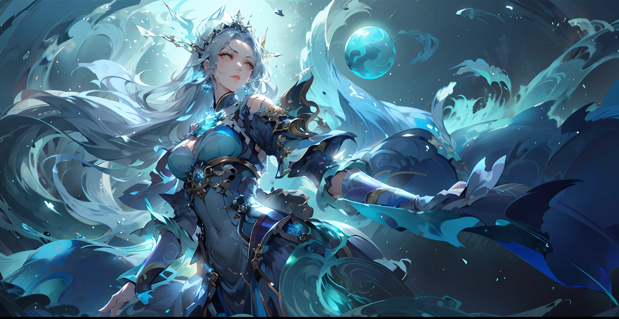 Close-up of a woman in a blue dress, Crown on head,Blue hair,queen of the sea mu yanling, Irelia, Splash Art, league of legends splashart, ice sorceress, IG model | Art germ, crystalline skin, Ashe, league of legends splashart, Official Splash Art, as seen on artgerm, artgerm detailed