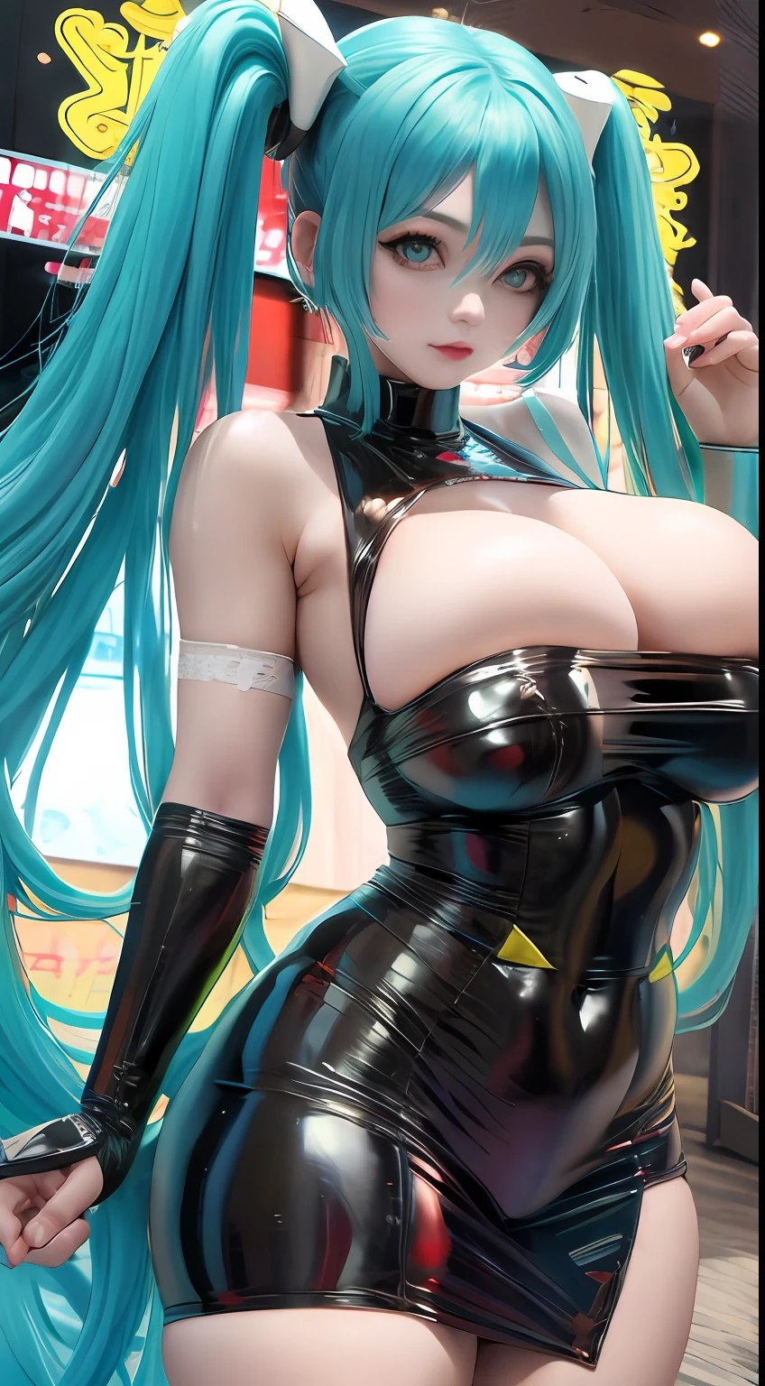 1girl, front, gigantic breasts, miku, hatsune miku, twin-tail, sharp focus, pixiv masterpiece, ((intricate details)), highly detailed eyes, 1girl, long hair, vanusbody ,looking at viewer 8k, uhd, unreal engine render, huge breasts, juicy thick thighs, shiny skin, smooth skin, thin waist, soft muscled, racing miku
