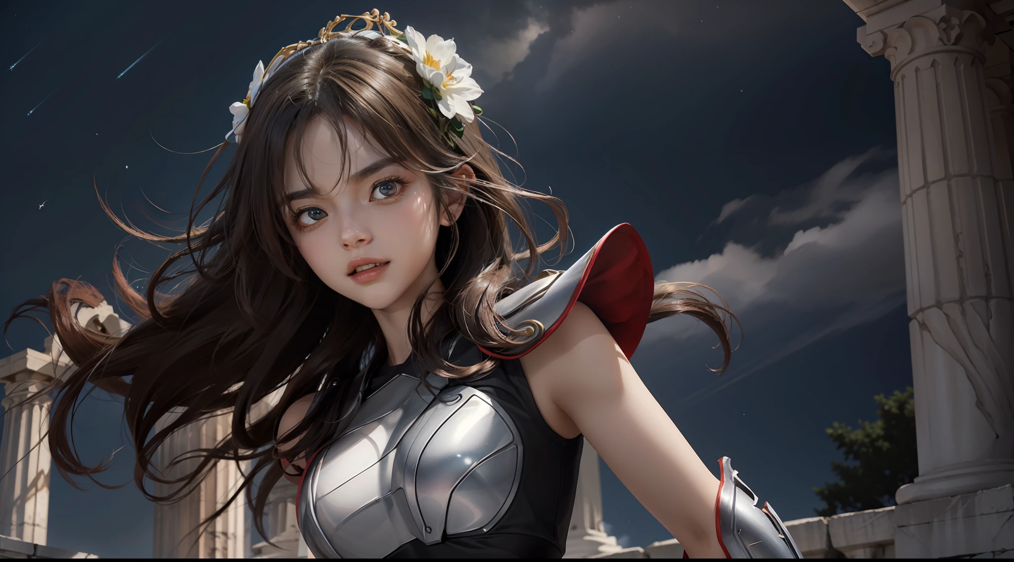 (Extremely detailed Cg Unity 8K wallpaper,Masterpiece, Best quality, Ultra-detailed, Beautiful detailed eyes:1.2),Best illumination, (Best shadow, An extremely delicate and beautiful, full bloom),
1girll,Solo,Large breasts,Heavy armor,complex patterns,Long hair,Film filter, Greek temple,dramatics,dynamicposes,illusory engine, (High detail: 1.9),Starcloud,the night,torchan,half-body shots