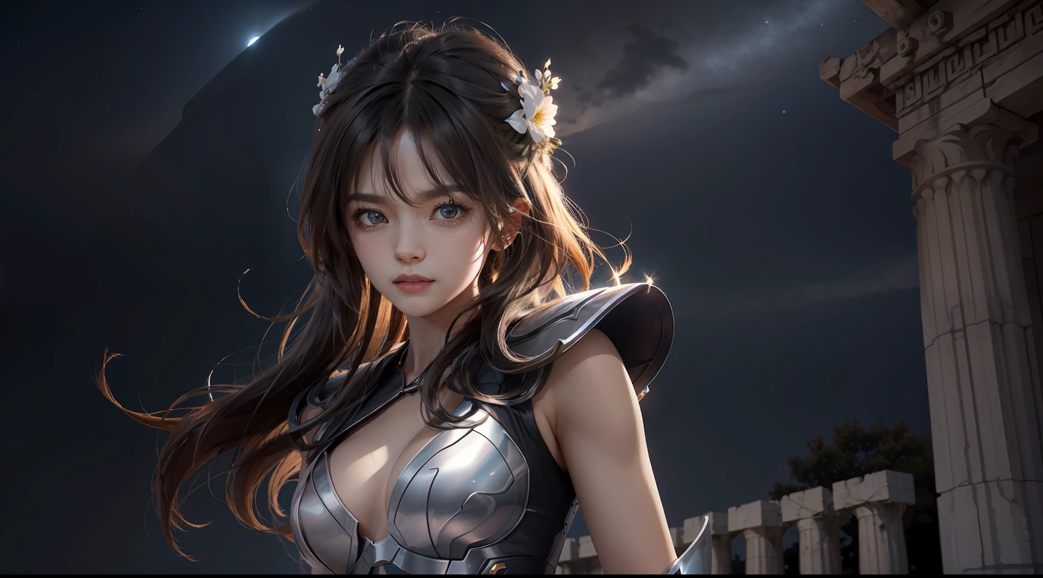 (Extremely detailed Cg Unity 8K wallpaper,Masterpiece, Best quality, Ultra-detailed, Beautiful detailed eyes:1.2),Best illumination, (Best shadow, An extremely delicate and beautiful, full bloom),
1girll,Solo,Large breasts，Heavy armor，complex patterns，Long hair,Film filter, Greek temple，dramatics，dynamicposes，illusory engine， (High detail: 1.9)，Starcloud，the night，torchan，half-body shots