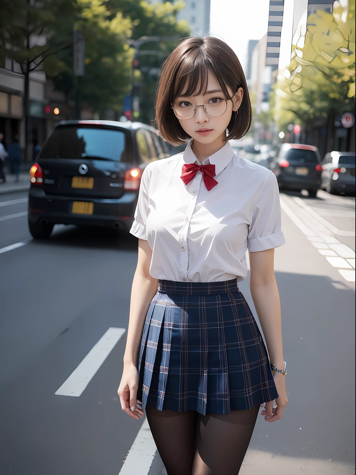 （8K、Raw photography、top-quality、​masterpiece：1.2),Black pantyhose,absurderes,a small face,small tits,flat breast,Parting the bangs from the middle、Forehead visible,(Tight eyes,Bullish,skinny,Rasping,irate)、​masterpiece,top-quality、超A high resolution,Raw photo,ren,Beautiful fece,One Person, 独奏,eye glass,,Dark look,Small breasts,fullllbody,Round glasses、cute little、A Japanese Lady,is standing,(Tight eyes,Bullish,skinny,Rasping,irate,small tits,flat breast)、（Photorealsitic：1.37）、Photon mapping,Light blue ribbon,Realistic、Cute little face,Brown-eyed、Black socks、(Red bow tie)、Radio City、Physically Based Rendering、Foreground、depth of fields、Blurry background、a picture,The girls、Body, Long legs, Thin leg,poneyTail,(Bangs are visible), hair, s lips, Blue_The eye, nosesoft,White shirt, Navy blue and white plaid pleated skirt, Knees are visible,Sheer clothing,, Thigh, Black cotton socks,Nogizaka Idol, 女優, Japanese ido