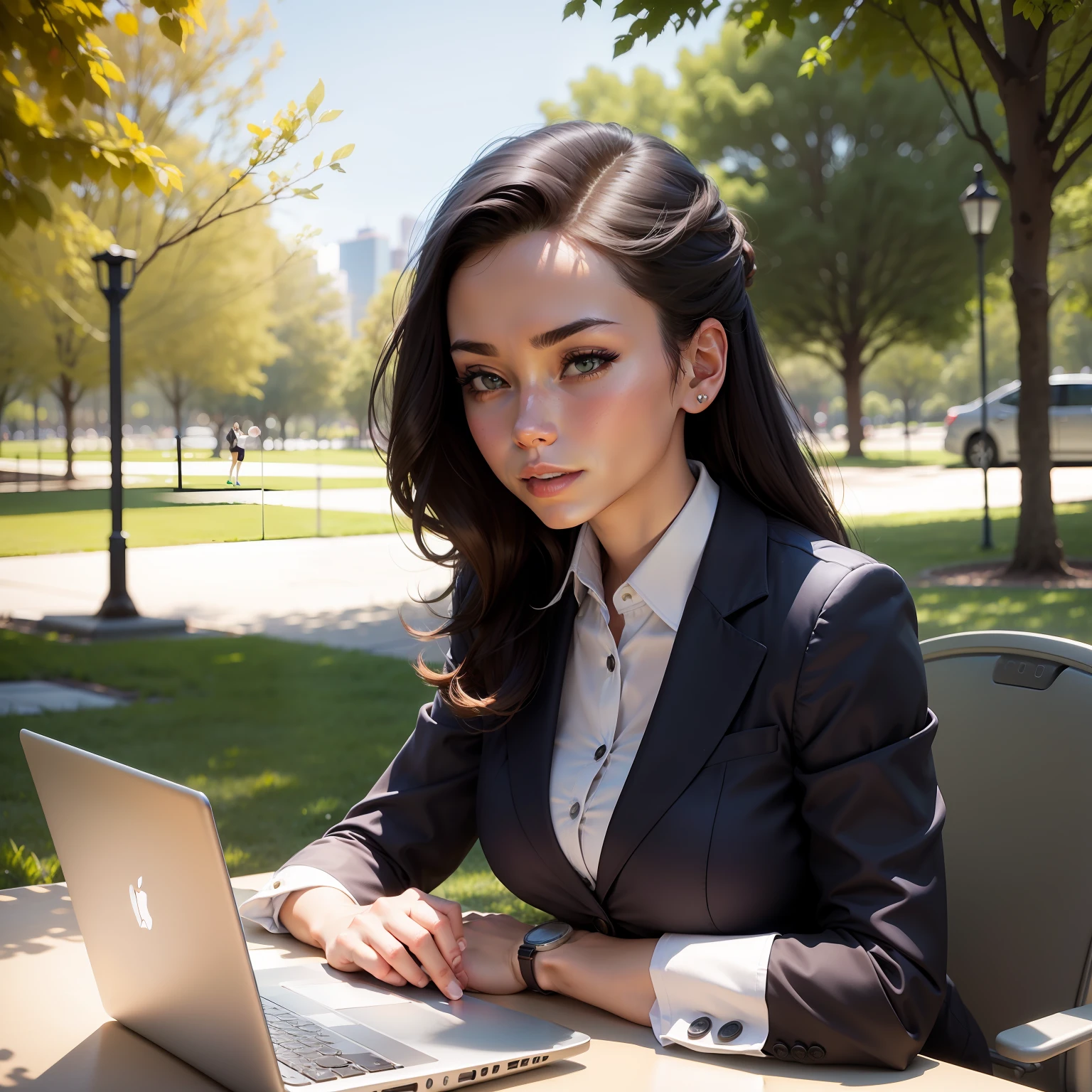 Corporate girl doing laptop work out in a park