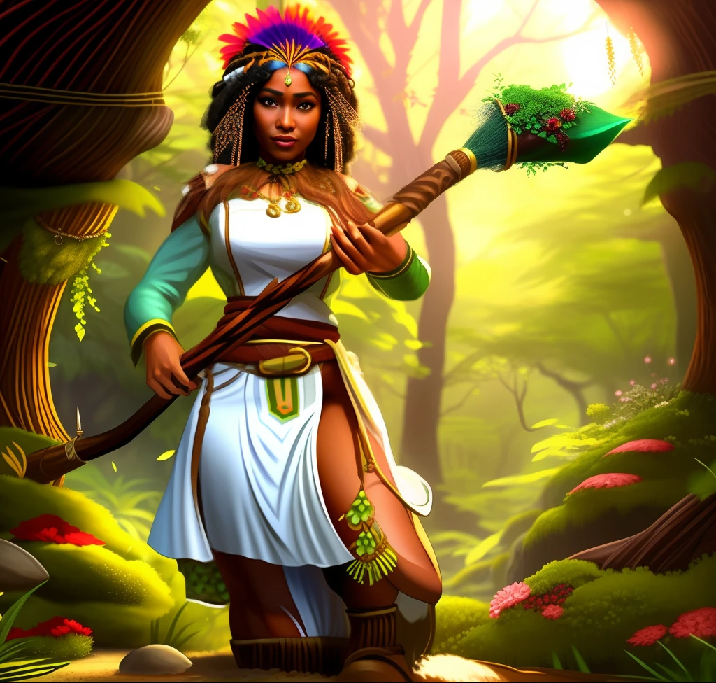 estilo anime, mulher de corpo inteiro na casa dos 18 anos, (corpo inteiro), pele morena, cabelo enrolado, (Rosto perfeito), Queixo definido, beautiful lips, with indigenous clothes, in one hand holding a tribal staff, vestimenta de druida, Indian clothing, roupa tribal, Deusa da Floresta, realistic fantasy illustration, bela princesa, bela e elegante rainha, arte estilo fantasia, deusa da natureza, bela arte de fantasia, retrato de uma rainha, dryad na floresta, Druida, A mulher morena de cabelos cacheados curtos e escuros, em suas costas salpicado de flores silvestres e uma variedade de plantas exuberantes.