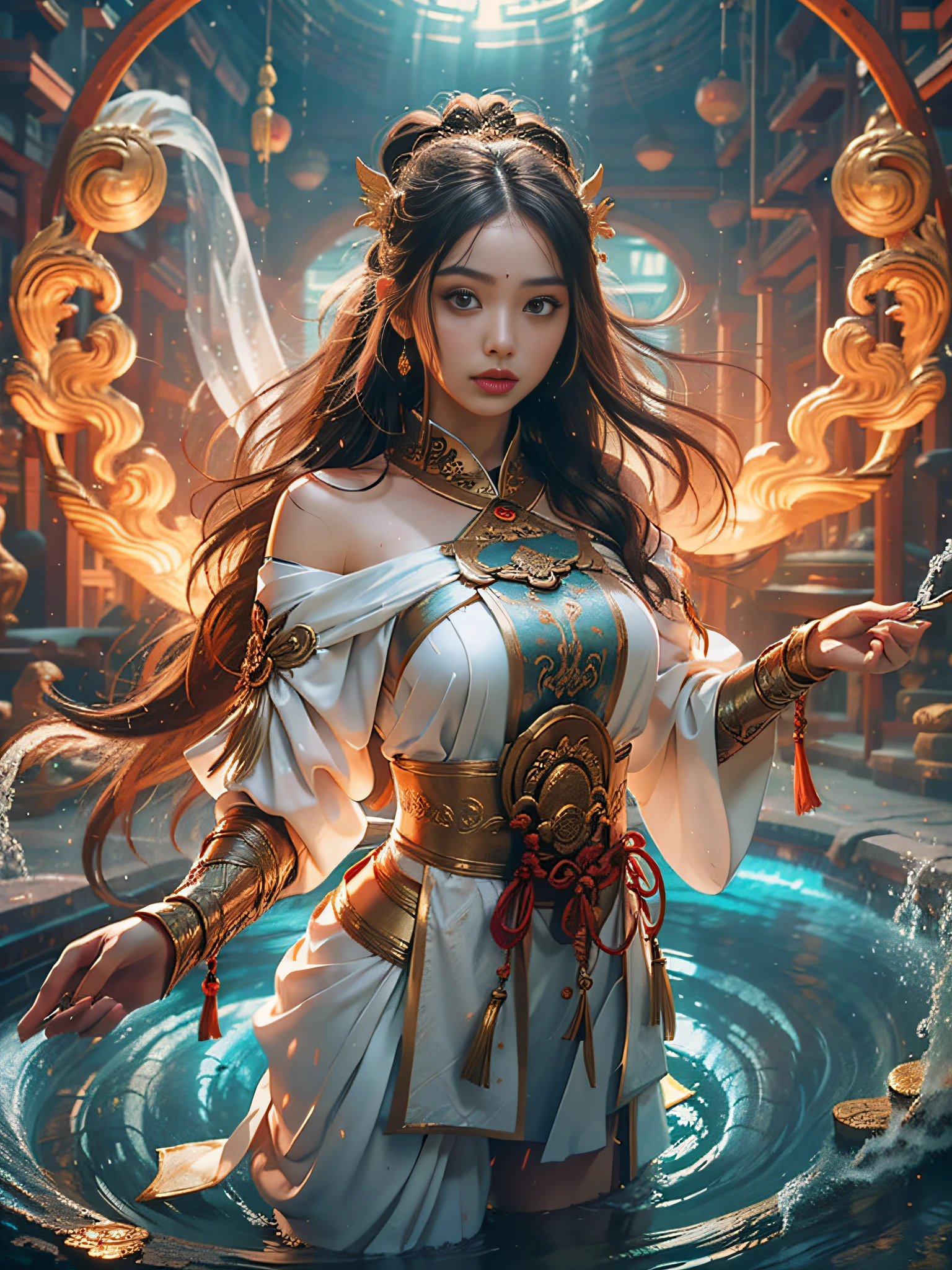 A Buddhist Bodhisattva Girl, (Masterpiece, Top Quality, Best Quality, Official Art), (KPOP idol), (Super Long Hair, Messy Long Flowing Hair, Light Pink Long Hair), Delicate Jewelry, Delicate Bracelet, Delicate Hair Ornament, High Feeling, Aperture in the Back, Fairy Fluttering, Looking Up View, Barefoot, Golden Bracelet on Ankle, Ancient Chinese Costumes, (Conservative Clothes), (Gorgeous Silk, Flowing Tulle, Flying Silk Around), dazzling background, Golden aperture on the back, gold Falun on the back, best light, best shadow, movie lighting, mystery, background pure black with ring aperture, ultra HD, 8k, fair skin, Wolp_style, duhuang_style, upper body close-up, detailed face, (sideways: 1.5), 28 years old, 1girl, well-dressed, super long clothes, one leg on the ground, left hand to do Buddha hand on chest, the other raised above the head to do bergamot, surrealism, photo, realistic,{(Surfacing from the clear pool,(Splashes around the body: 2.0), Splashes, Water ripples)}, (Wet clothes: 1.5) (Wet body: 3.0), (Wet hair: 1.5)}, Mid-chest, 48KG weight, smooth skin, light blue pupils, detailed eye painting, (Super white skin, supple skin), (Face focus, bending over to look at the camera, snap), light hitting the face