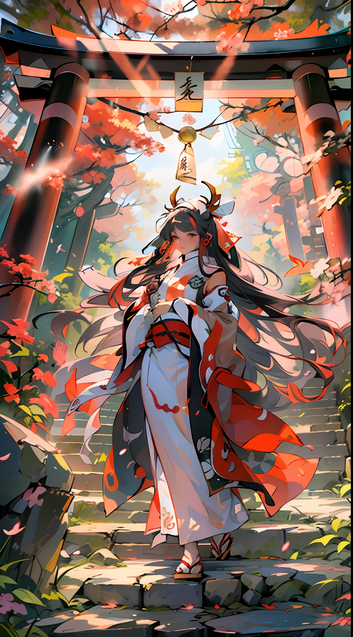 (Japan Priestess:1.5),Kikyou,(Kagura Bell:1.5),head gear,Night Forest,rays of moonlight,Mossy stone steps,falling leaf,japanese temples,jpn,torii,Long black hair,red headgear,Red highlight,the setting sun,strong winds,god light, detail shaded, dream colors,low angles,dream magical,large scene