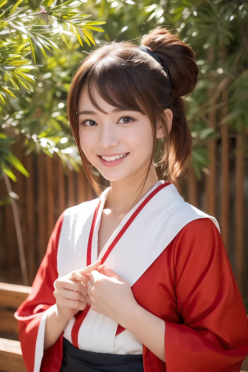 (masterpiece、top-quality、ultra-detailliert、rays of sunshine、电影灯光)、(Japan Anime Cosplay、)、(Famous idol girls of Japan、)、(goddess of Japan、shrine maiden、white miko costume、Red Hakama、)、(dishevled hair、short hair of red-brown color、poneyTail、Cherry Blossom Hair Ornament、hair pin、)、Holding a bamboo broom、Look at viewers、A beautiful face that captivates the viewer、(Background of the precincts、)、Stand on the ground of pebbles、Floating hair、bending forward、large full breasts、Beautiful breast slip、Shiny skin、the wind、beautifull hands、Beautiful Finger、An elaborate masterpiece、Intricate details、A detailed face、detailed hairs、Detailed red mouth、Detailed red cheeks、Smile of shame、