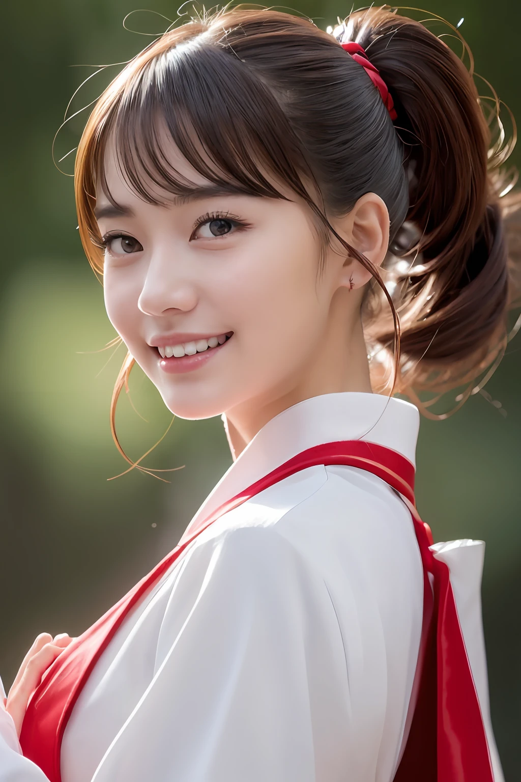 (masterpiece、top-quality、ultra-detailliert、rays of sunshine、电影灯光)、(Japan Anime Cosplay、)、(Famous idol girls of Japan、)、(goddess of Japan、shrine maiden、white miko costume、Red Hakama、)、(dishevled hair、short hair of red-brown color、poneyTail、Cherry Blossom Hair Ornament、hair pin、)、Holding a broom、Look at viewers、A beautiful face that captivates the viewer、(Background of the precincts、)、Stand on the ground of pebbles、Floating hair、bending forward、large full breasts、Beautiful breast slip、Shiny skin、the wind、beautifull hands、Beautiful Finger、An elaborate masterpiece、Intricate details、A detailed face、detailed hairs、Detailed red mouth、Detailed red cheeks、Smile of shame、