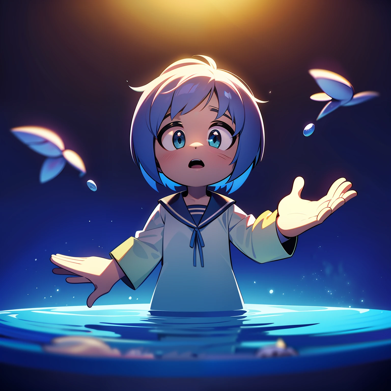 desenhe um menino com cabelo loiro e uma magia de agua em volta dele com um cajado azul e dourado em uma escola de magia