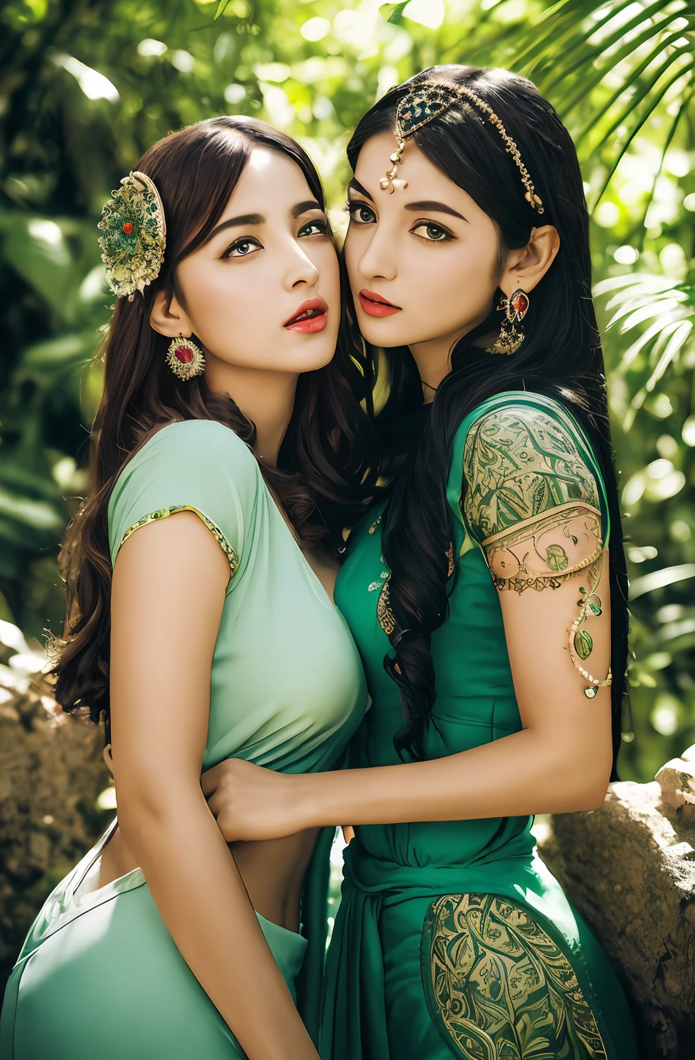 ((realistic:1.5)),((best quality)), ((masterpiece)),((detailed)),2girls,duo,{2 beautiful female}, (upper body:1.3),royal skimpy underwear, hugging and touching each other, teasing her friend's waist, gasping friend, biting her friend's ear lobe, squatting,super-wide-angle lens,face focus,long legs,curvy, barefoot, medium breasts, open cleavage, drooping breasts, thick thighs,wide hips, thin legs, green eyes,long black hair,floting hair,long eyelashes, (detailed face,beautiful eye, detailed pupilss,detailed clothes features, clear background:1.3), (Bindi,Jhumkas:1.3),mysterious ancient ruin, lush forests, deep canyons,bridge,river,cliff,cloud,lakes,rock,waterfalls, flowers, grass,vine,tree,bright details,sharp,perfect composistion, Intricate, Sharp focus, dramatic,
