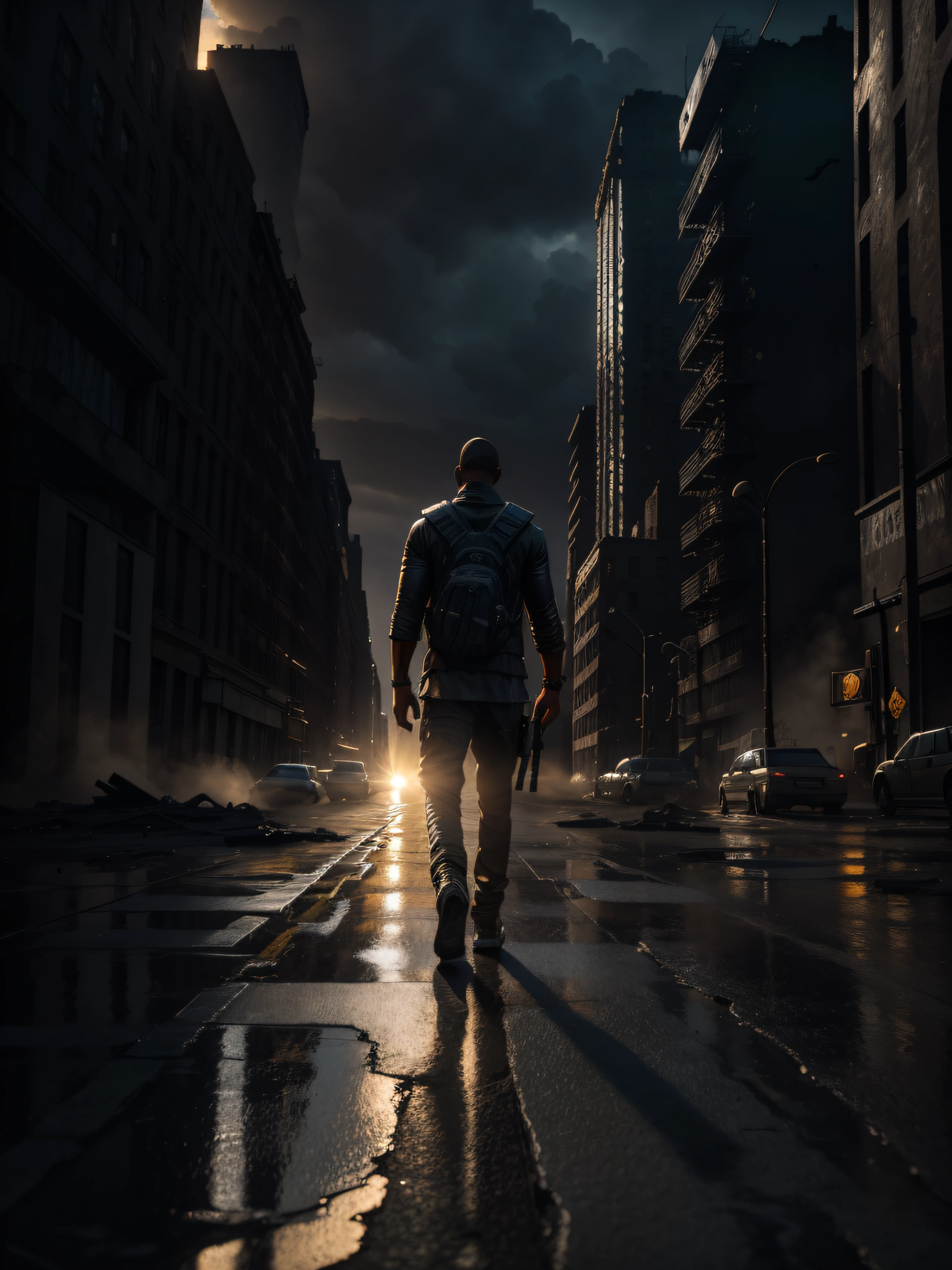 FULL SHOT, ACTOR WILL SMITH WALKS ALONE THROUGH THE RUINS OF NEW YORK FACING THE CAMERA, DRAMATIC LIGHT, POST-APOCALYPSE ATMOSPHERE, SUPER HIGH RESOLUTION, SUPER FINE FOCUS, BEST QUALITY, 32K, HDR, STEVE MCCURRIE STYLE ,HYPERPHOTOREALISM