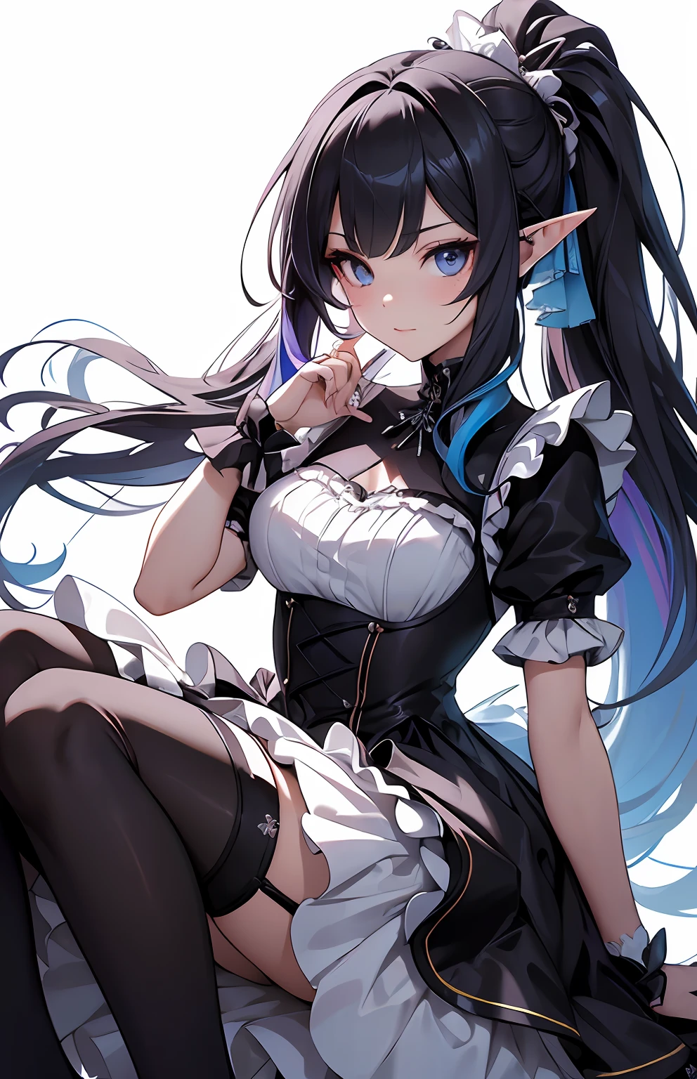 best qualityer，tmasterpiece，Ultimate resolution，downy，Extremely colorful，Colorful，Elven girl，full bodyesbian，Black and white double ponytail，Lolita long dress， Long legs with two white stockings，Muffin shoes，closeup of face