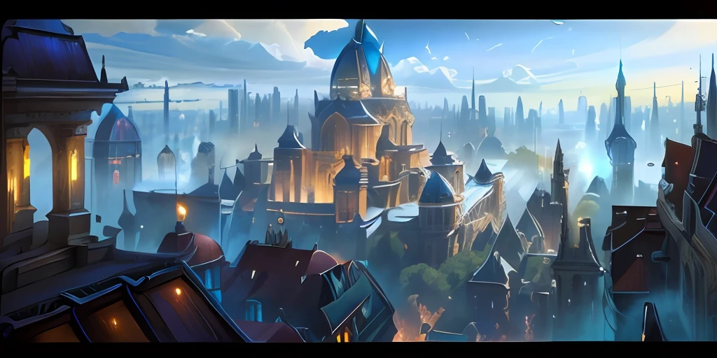 A city in magical style,Bird's eye view,Movie lighting,4K,World of Warcraft style
