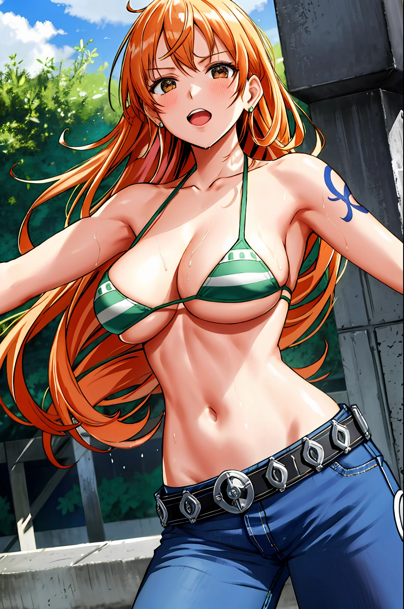 detailed background, masterpiece, 4k, epic, best quality, late youth, adult, milf, athlete body, 1girl, active, energic, ((wide open mouth, on the ground, laying down, sleeping, knocked out, hands spread sideway)) , solo, nami \(one piece\), 1girl, bangle, (very wet, drenched in sweat, sweat all over body, very missy hair, tired, open mouth, exhausted, screaming, sweaty face, sweaty body, bruises, injury, feeling hot, sweating too much, blushing, tilting head, shiny sweat, both hands spreadeagled, serious, hurt, glaring, open eyes, looking up, perfect detailed face, round face, sweat on face) bold drawing lines, muscular arms, detailed bold arm lines, flat jaw, adult woman, wavy wide streaked bangs, floating bang, (big cheeks), bare shoulders, off-shoulders, belt, bikini, bikini top only, blue sky, bracelet, springy breasts, breast lines, big round eyes, very big brown shiny eyes, bubbles, high eye position, cleavage, cloud, day, denim, earrings, floating hair, shiny hair, green belt, green bikini, bold groin lines, jeans, jewelry, medium breasts, log pose, long hair, looking at viewer, long navel, wet hair, orange hair, pants, shoulder tattoo, sidelocks, sky, solo, stomach, swimsuit, tattoo, detailed left arm, big forehead, hourglass figure, small head, toned body, wide hair, wind effect, sun effect, under the sun, narrow small ears angle, older, straight shot,
