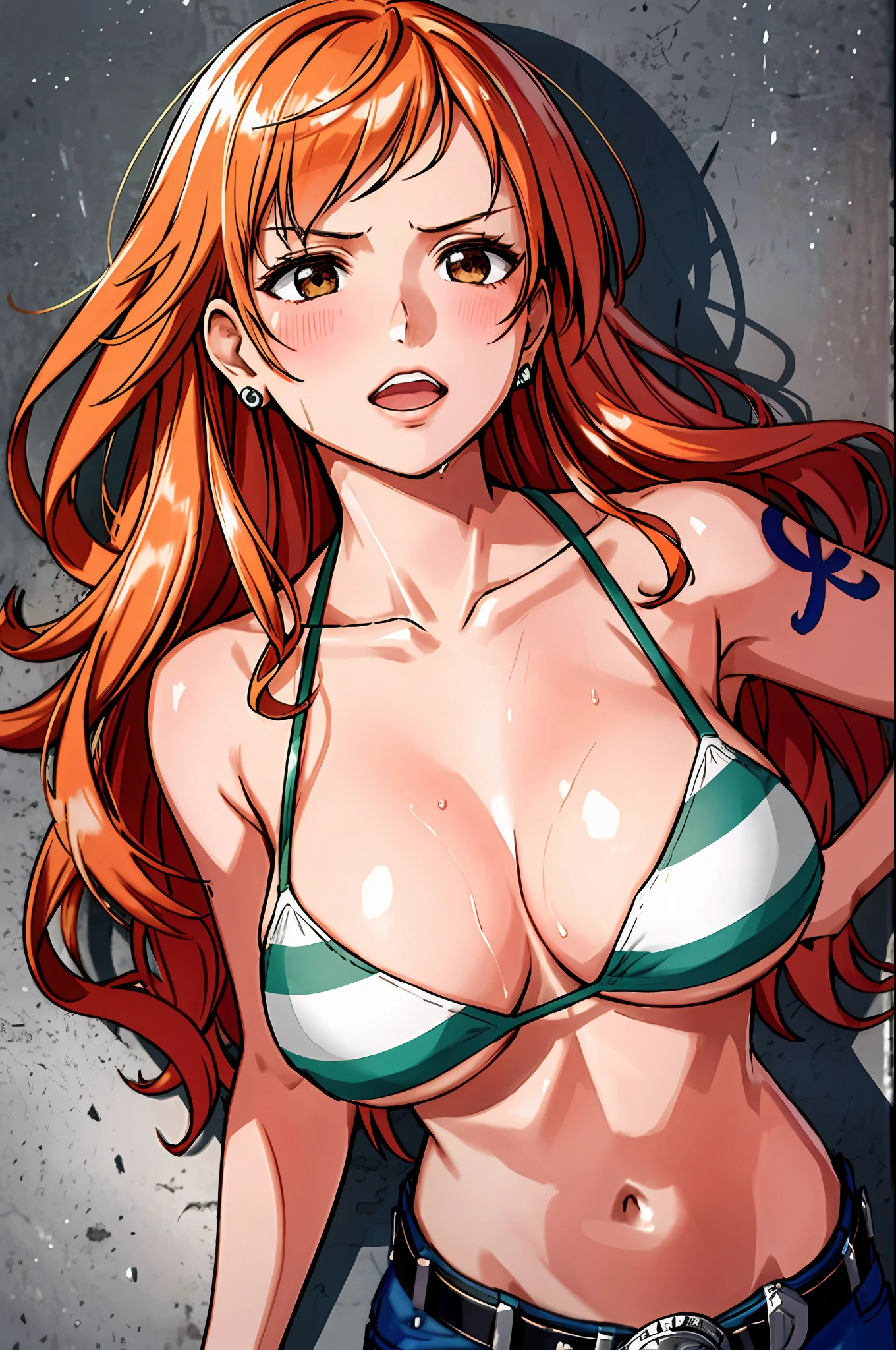 detailed background, masterpiece, 4k, epic, best quality, late youth, adult, milf, athlete body, 1girl, active, energic, ((wide open mouth, on the ground, laying down, sleeping, knocked out, hands spread sideway)) , solo, nami \(one piece\), 1girl, bangle, (very wet, drenched in sweat, sweat all over body, very missy hair, tired, open mouth, exhausted, screaming, sweaty face, sweaty body, bruises, injury, feeling hot, sweating too much, blushing, tilting head, shiny sweat, both hands spreadeagled, serious, hurt, glaring, open eyes, looking up, perfect detailed face, round face, sweat on face) bold drawing lines, muscular arms, detailed bold arm lines, flat jaw, adult woman, wavy wide streaked bangs, floating bang, (big cheeks), bare shoulders, off-shoulders, belt, bikini, bikini top only, blue sky, bracelet, springy breasts, breast lines, big round eyes, very big brown shiny eyes, bubbles, high eye position, cleavage, cloud, day, denim, earrings, floating hair, shiny hair, green belt, green bikini, bold groin lines, jeans, jewelry, medium breasts, log pose, long hair, looking at viewer, long navel, wet hair, orange hair, pants, shoulder tattoo, sidelocks, sky, solo, stomach, swimsuit, tattoo, detailed left arm, big forehead, hourglass figure, small head, toned body, wide hair, wind effect, sun effect, under the sun, narrow small ears angle, older, straight shot,