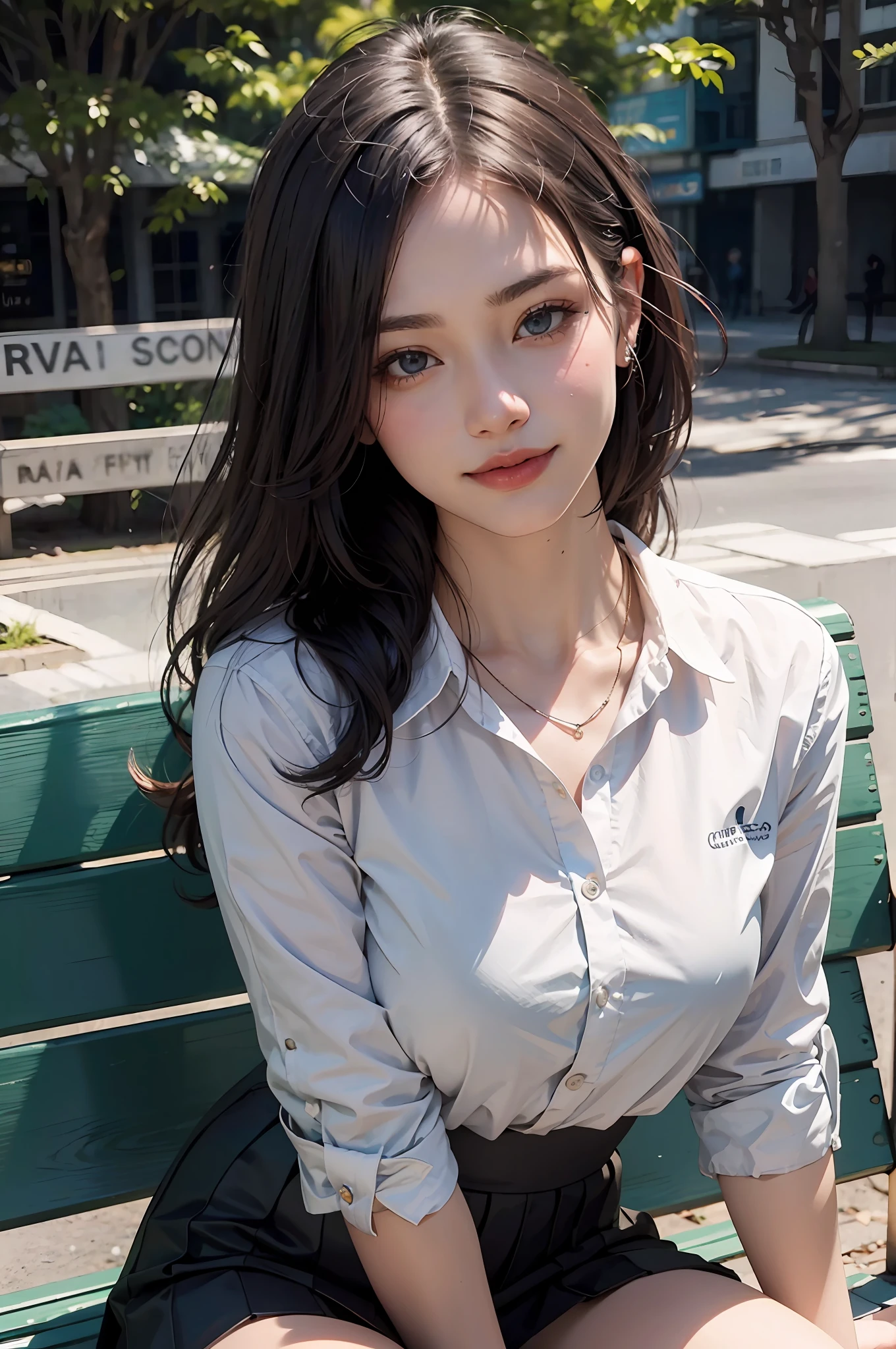 Masterpiece, (RAW photo: 1.2), Top quality, Beautiful, (Perfect anatomy, Perfect Finger), Woman sitting on a park bench, Smile, 校服,short skirt, Highly detailed eyes and face, Beautiful detailed eyes, Cinematic lighting, hugefilesize, high resolution, 8K wallpaper, Fine detail 8K wallpaper, (Photorealism: 1.4),