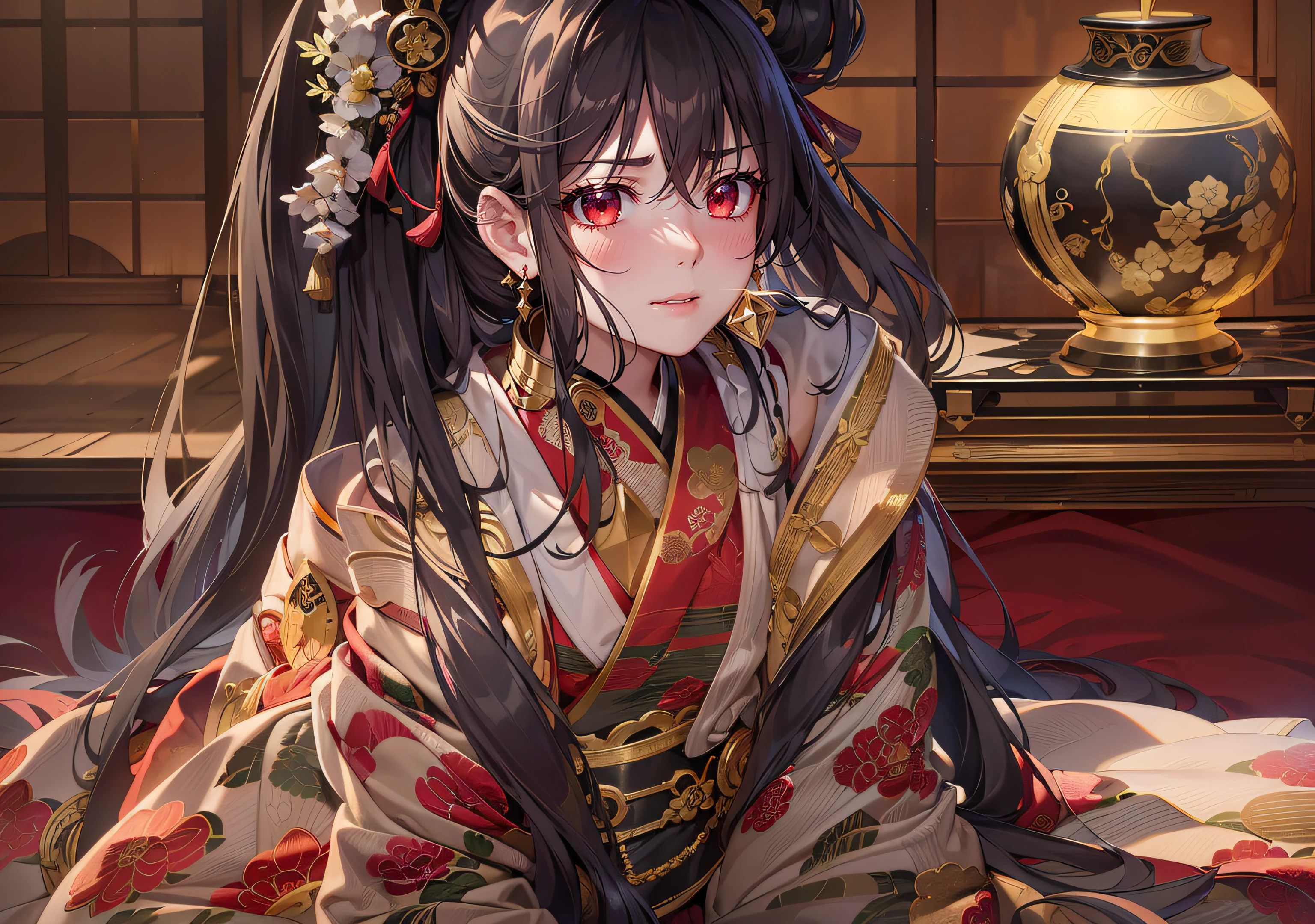 smile, glint, light blush, empty eyes, red eyes, pointy ears, crystal earrings, sleepy, parted lips, gloom (expression), unconscious, light blush, expressionless eyes, depressed