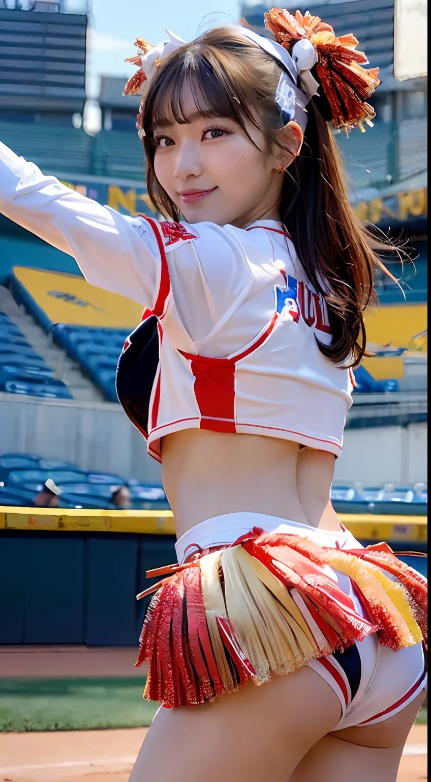 ((top-quality,8K,photographrealistic:1.4,masutepiece)),Back lighting, A cute Japanese woman, sixteen years old,(((Bull Cheerleader:1.2))),((Background of the baseball stadium:1.2)),raise leg, Cute makeup, Black eye, Smile, A dark-haired, to stand