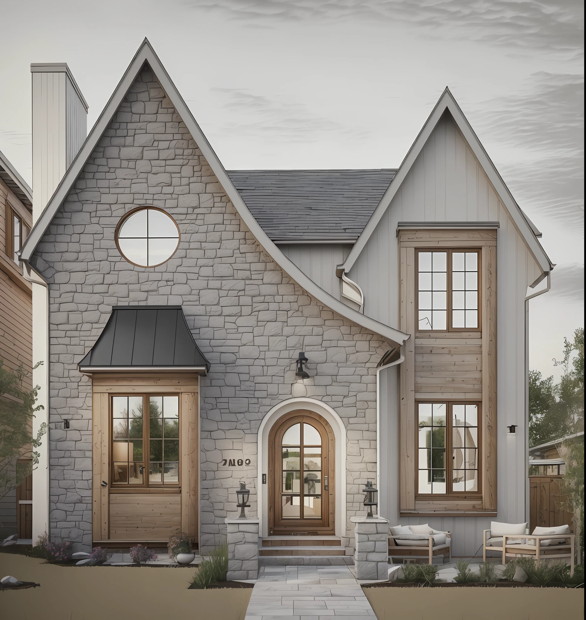 European cottage with panel roof sheet, brick wall cottage house, cottage house with pine wood decor, white wall, bright light, clear day light, (Super details), (intricate details), Master Vray, (masterpiece), (extremely intricate:1.3), ((realistic)) sharp focus, award winning, octane render realistic, unreal engine, volumetrics rtx, modern cottage exterior render, Corona render, a rendering of a small house with a patio and a covered porch, high quality rendering, quality rendering, passive house, bright render, contemporary house, crisp smooth clean lines, beautiful rendering, architectural rendering, exterior design, high-quality render, clean render, complete house, simple gable roofs, beautiful render, concept house, house and home, pristine and clean design