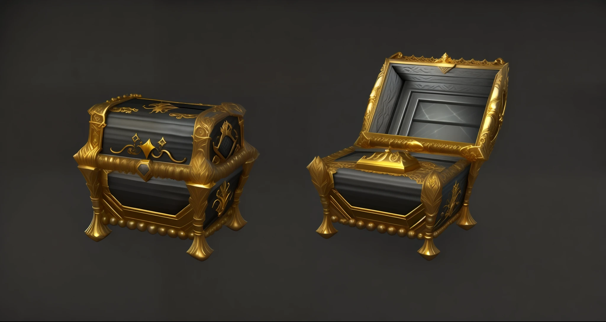 Gold and black background, Gorgeous treasure chest, World of Warcraft Spell Icon, Ability Image, 16K high-end images, gold trim, Gorgeous gold jewellery, Very luxurious handle, Simple background, All-All Gold
