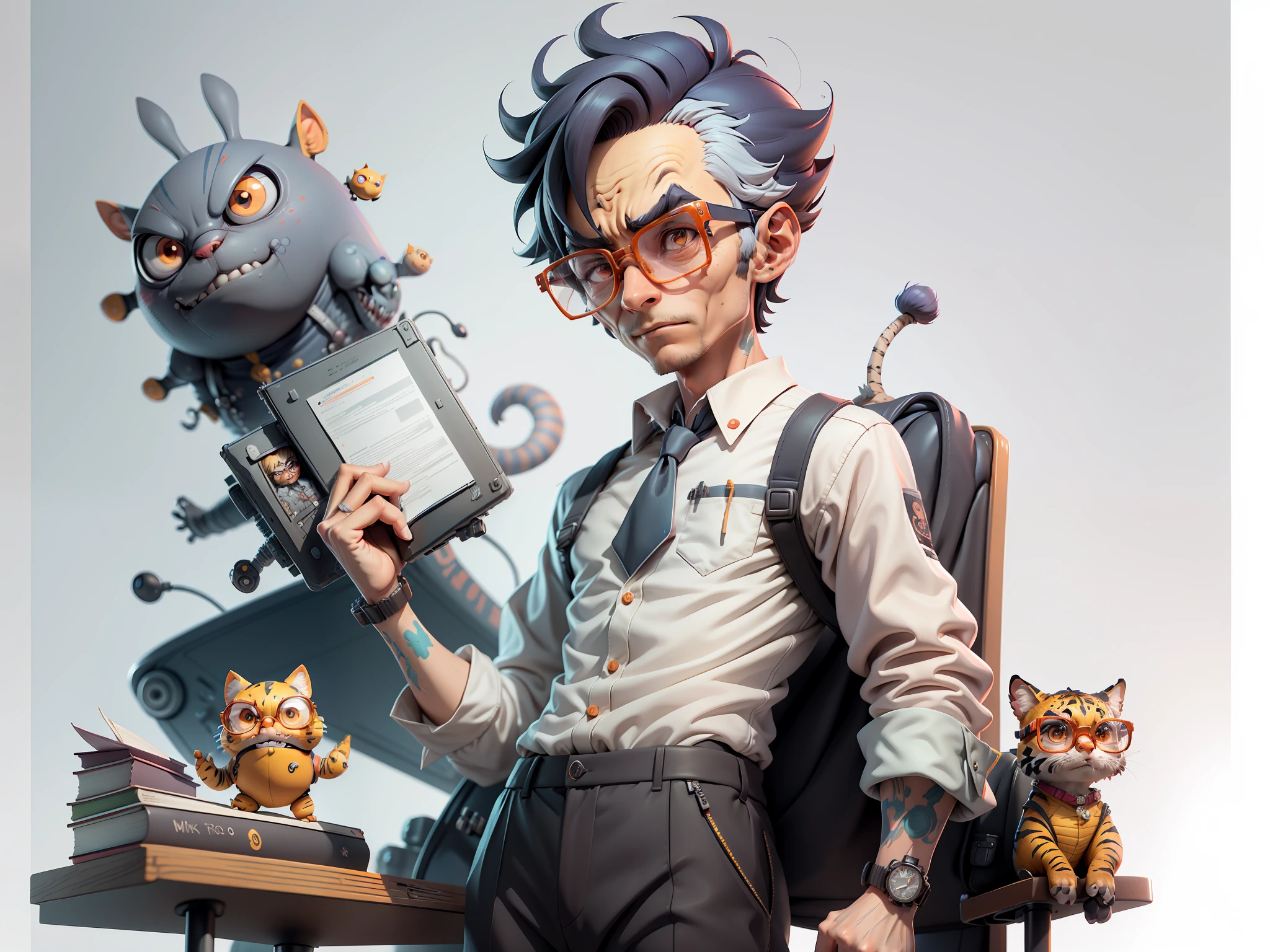A young man in a suit and pants, Short hair and glasses sat at his desk,holding laptop,digitial painting,tigre,3D character design by Mark Clairen and Pixar and Hayao Miyazaki and Akira Toriyama,4K HD illustration,Very detailed facial features and cartoon-style visuals。