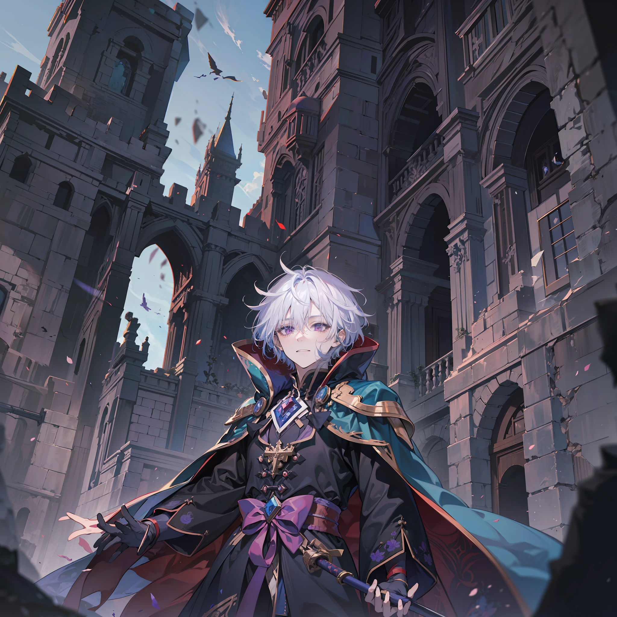 (absurdres, highres, ultra detailed),(Masterpiece, best quality:1.2),1boy, wearing dark magician robes, surrounded by walls of a crumbling castle,genshin impact, character design,white hair,short hair,purple and red eyes, grin