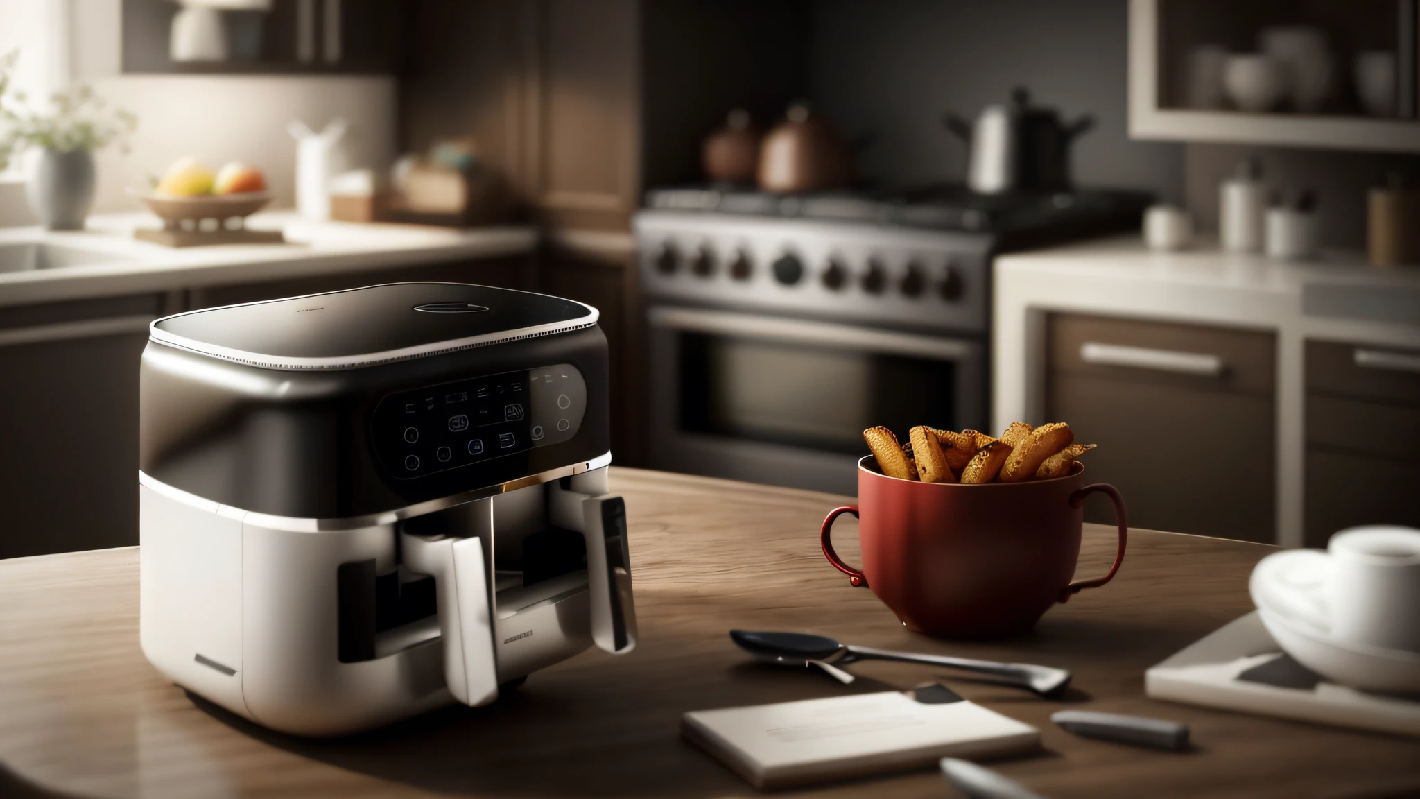 Air fryer placed on the table，Interior design of modern style, Realistic, Photorealistic, 8K, strong light on meeting table，Chiaroscuro, hyper HD, Best picture quality ,realisticlying，Foto realism，cupboard，Lens perspective blur，Bright lights，Realistic lighting