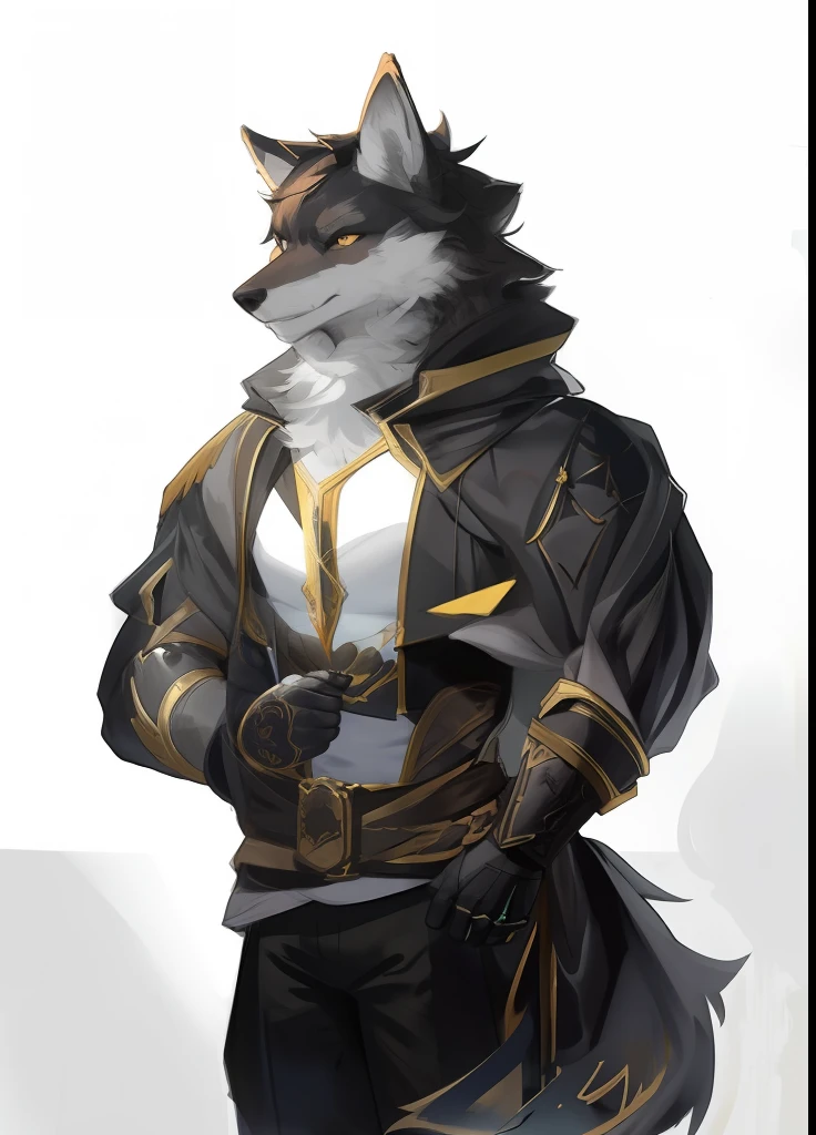 black cloak,Ruan Jia,Pino Daeni,darkgem,dimwitdog,muscular male wolf anthro, (detailed face), (detailed fluffy fur)