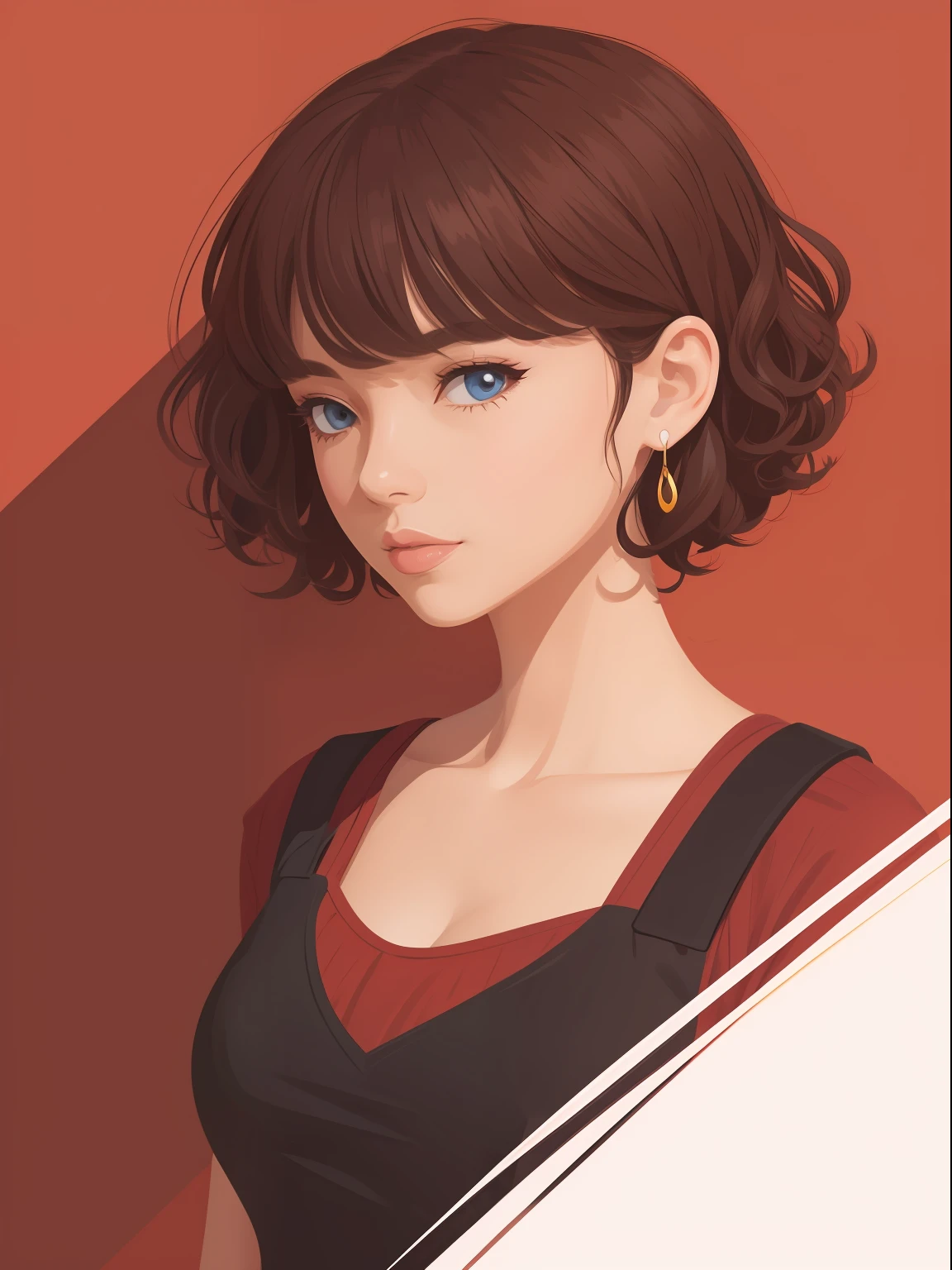 vector art style, Short hair, curlies,The upper part of the body, Large solid color background girl close-up