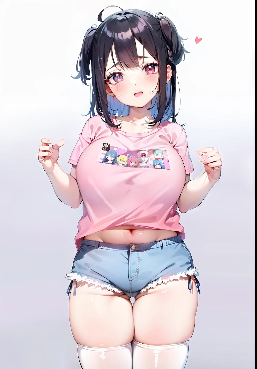 Anime girl with black hair and pink shirt and blue shorts, thicc, small curvaceous loli, anime moe art style, Edgeie anime style, Oppein Proportions, oppai, full body portrait of a short!, shikamimi, eechi, gapmoe yandere, Anime waifu, seductive anime girls, in an anime style, wearing casual cloths, Anime girl