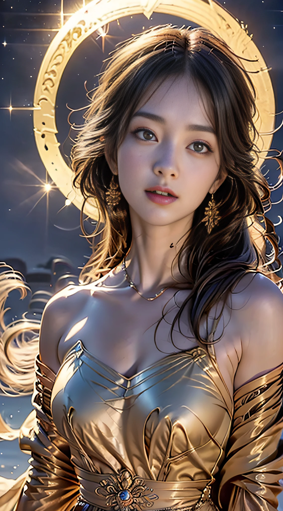 (RAW photo, best quality), (realistic, photo-realistic:1.3),best quality,highly detailed,masterpiece,ultra-detailed,illustration,1girl,upper_body,dynamic angle,world masterpiece theater,messy_long_hair,best quality,extremely detailed CG unity 8k wallpaper,ink,Amazing,cinematic lighting,lens_flare, dunhuang_style