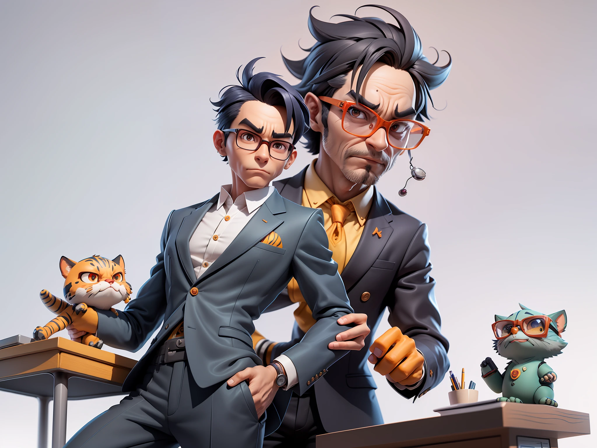 A young man in a suit and pants, Short hair and glasses sat at his desk,holding laptop,digitial painting,tigre,3D character design by Mark Clairen and Pixar and Hayao Miyazaki and Akira Toriyama,4K HD illustration,Very detailed facial features and cartoon-style visuals。