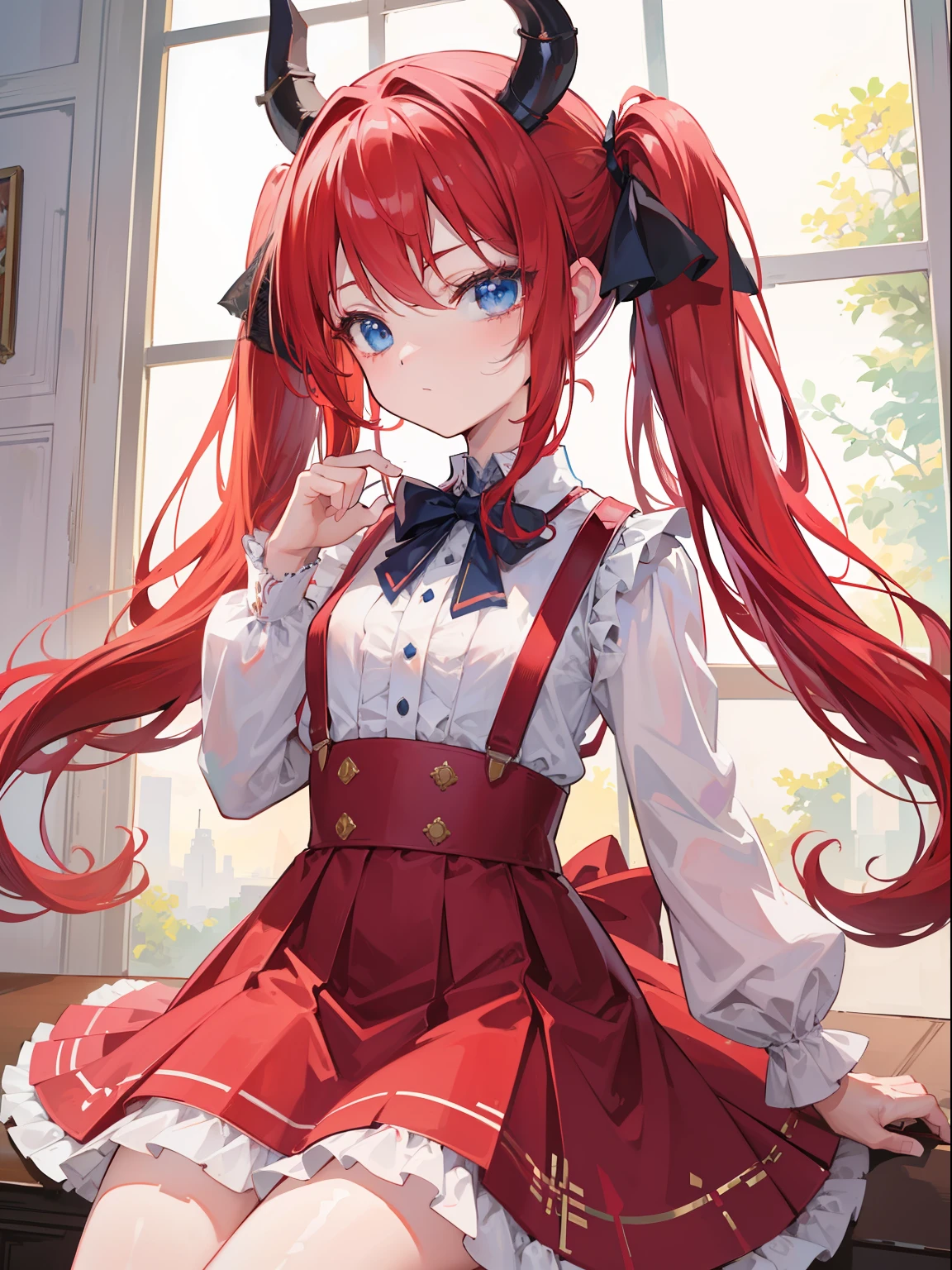 {{best quality}}, {{masterpiece}}, {{ultra-detailed}}, {illustration}, {detailed light}, red hair,blue eyes,twintails,lolita,Suspenders skirt,Fantastic,loli,solo,Dragon horns,little girl,long hair