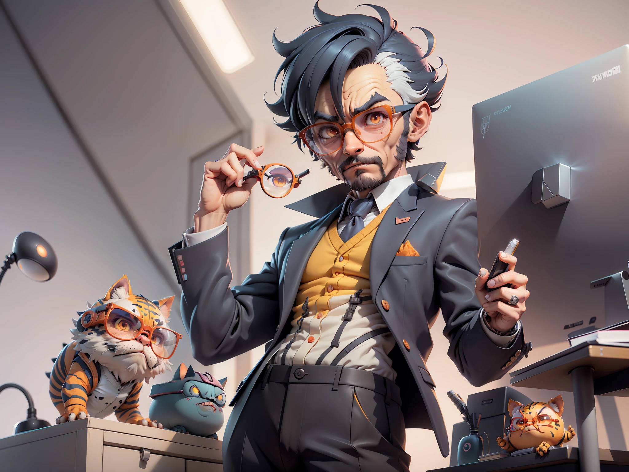 A young man in a suit and pants, Short hair and glasses sat at his desk,holding laptop,digitial painting,tigre,3D character design by Mark Clairen and Pixar and Hayao Miyazaki and Akira Toriyama,4K HD illustration,Very detailed facial features and cartoon-style visuals。