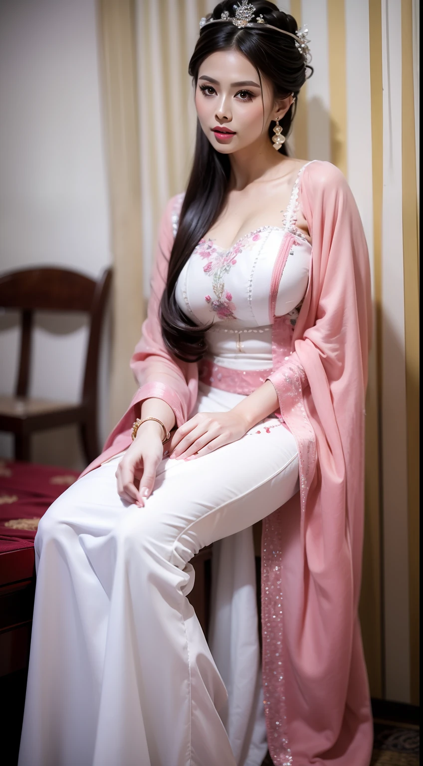 Fashion model 25 years old [[[[closeup cleavage]]]], [[[[boobgasm]]]], [[[[coll]]]], [[[[bshoulders]]]], perfect  eyes, Perfect iris，Perfect lips，perfect teeth，Perfect skin，Slender face，Soft front light，hdr，Movie girl，Casual，sitted，In the background is the bedroom；（pastel colour：1.2）