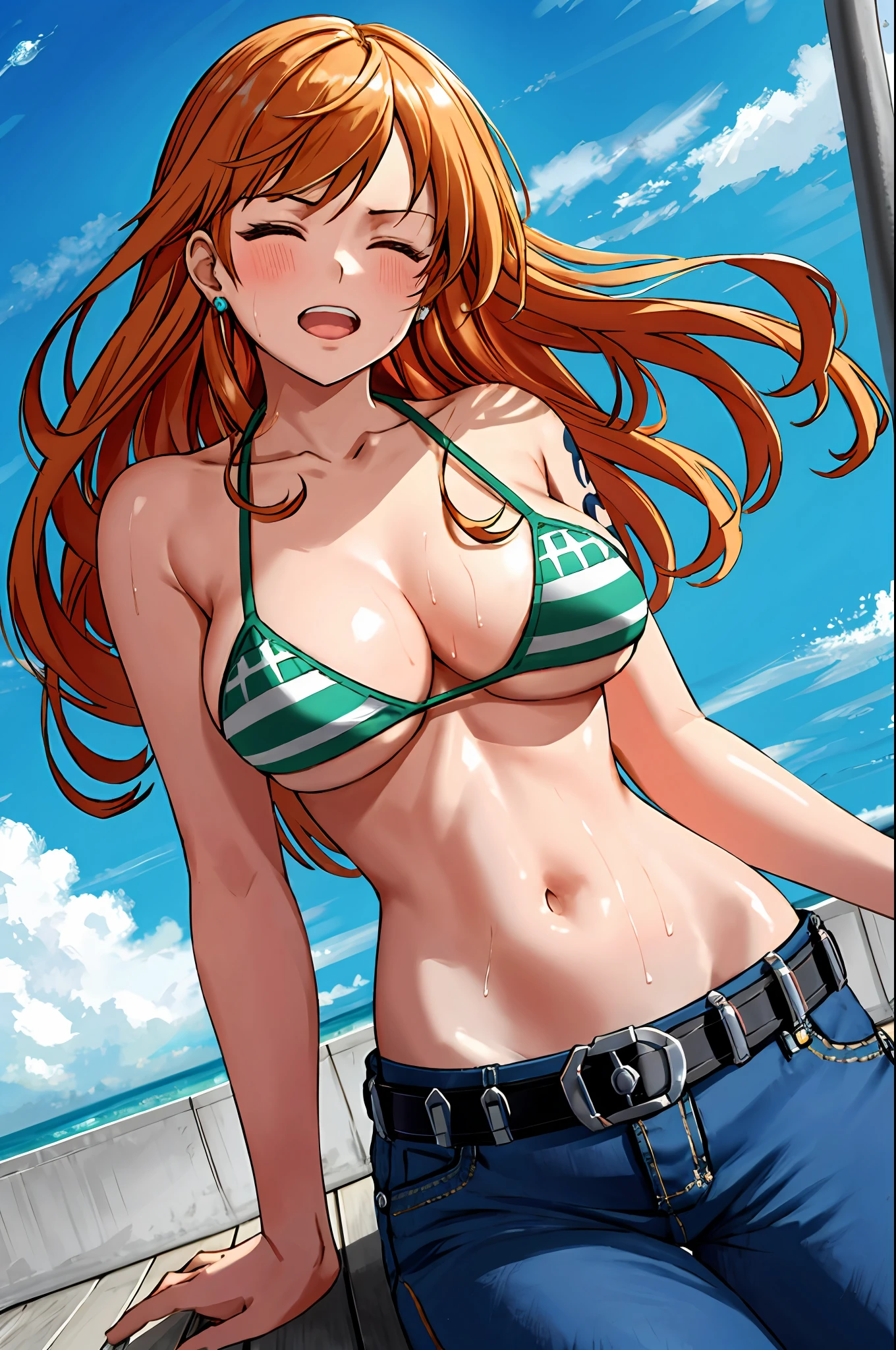 detailed background, masterpiece, 4k, epic, best quality, late youth, adult, milf, athlete body, 1girl, active, energic, ((wide open mouth, on the ground, laying down, sleeping, knocked out, closed eyes, hands spread sideway)) , solo, nami \(one piece\), 1girl, bangle, (very wet, drenched in sweat, sweat all over body, very missy hair, tired, open mouth, exhausted, screaming, sweaty face, sweaty body, bruises, injury, feeling hot, sweating too much, blushing, tilting head, shiny sweat, both hands spreadeagled, serious, hurt, glaring, closed eyes, looking up, perfect detailed face, round face, sweat on face) bold drawing lines, muscular arms, detailed bold arm lines, flat jaw, adult woman, wavy wide streaked bangs, floating bang, (big cheeks), bare shoulders, off-shoulders, belt, bikini, bikini top only, blue sky, bracelet, springy breasts, breast lines, big round eyes, very big brown shiny eyes, bubbles, high eye position, cleavage, cloud, day, denim, earrings, floating hair, shiny hair, green belt, green bikini, bold groin lines, jeans, jewelry, medium breasts, log pose, long hair, looking at viewer, long navel, wet hair, orange hair, pants, shoulder tattoo, sidelocks, sky, solo, stomach, swimsuit, tattoo, detailed left arm, big forehead, hourglass figure, small head, toned body, wide hair, wind effect, sun effect, under the sun, narrow small ears angle, older, straight shot,