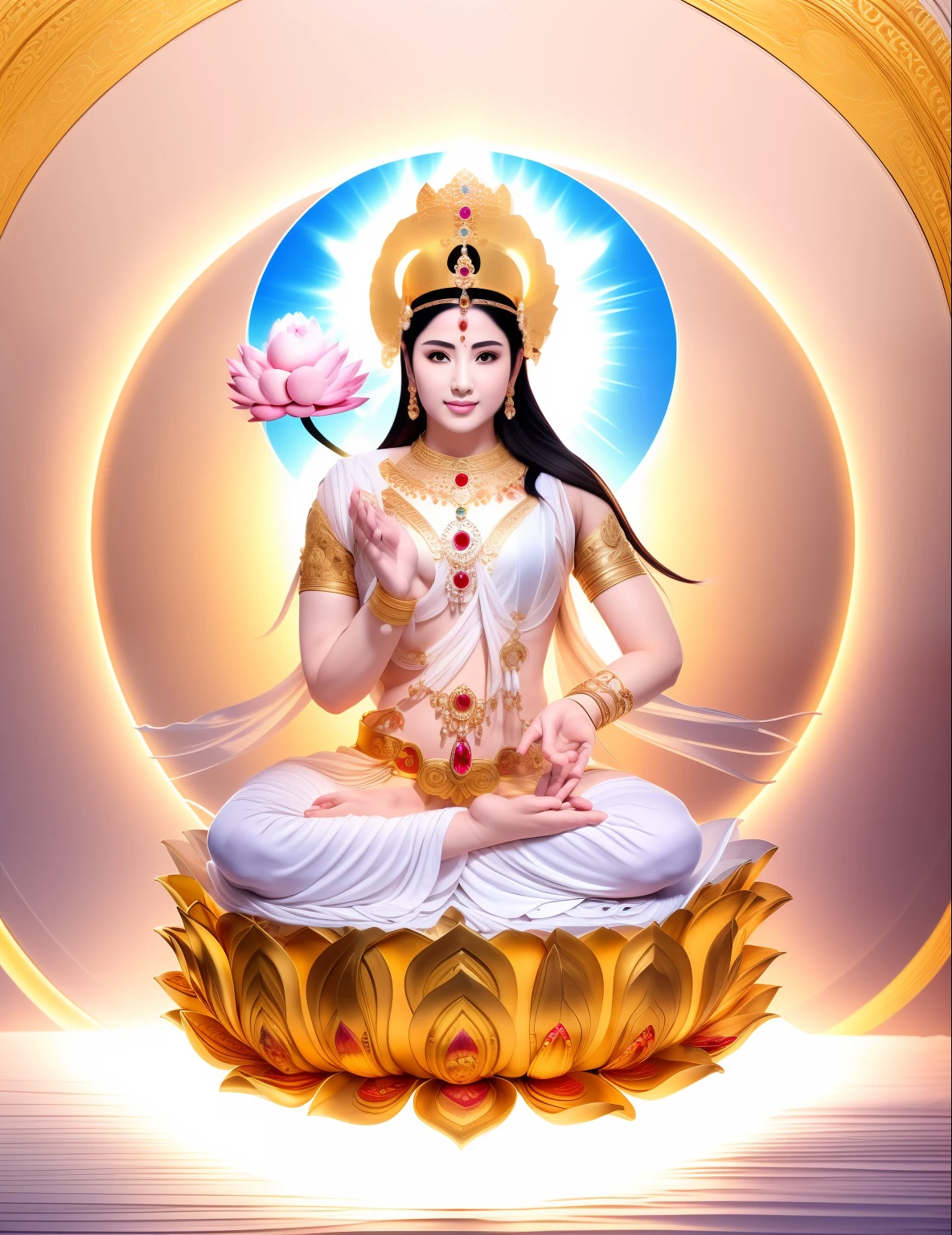 There is a beautiful goddess in the void，Goddess in white，Long curved eyebrows，Beautiful eyes sparkle，The big, jewel-like eyes shine through，Clear pupils have reflected light，二重まぶた，（（Plump and rosy lips））Nipples clearly visible，（（Flushed cheeks）），The mandible is plump，Fair skin is delicate and smooth，Delicate skin translucent，A delicate and dexterous crown，inlaid gemstones，Delicate and ingenious，inlaid gemstones，Sit on a lotus in the air，Surrounded by white clouds，（（Pinch the stem of the lotus flower with one hand）），Place the other hand（（（Open your palm）））Lay flat on your legs，white skinned，（（Correct body structure）），White clothing，decorated in white，baiyun，Blue sky，Head background with round light，There is a five-color circle behind him，Color glow is turned on，Front lighting，Positive light，No shadows on the face，There are no shadows on the body，Blue sky，Unreal space，ethereal world，dreamworld，with blue sky and white clouds，tmasterpiece，4K，ultra-definition，professional photoshooting，