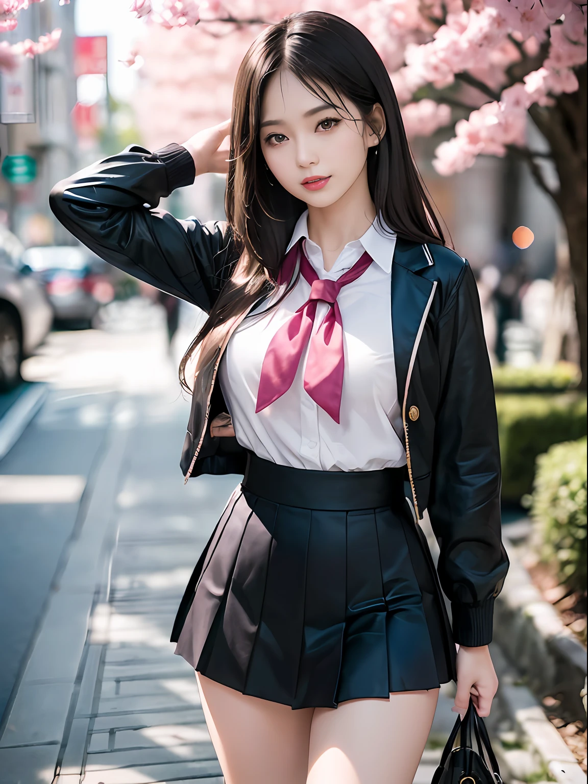 ((Best Quality, 8K, Masterpiece: 1.3)), Super Cute Beautiful Woman, 1 Girl, (Beautiful Breasts:1.3), (Abs, Slender Figure: 1.1), Sharp Focus, (((Intricate Details)), High Detail, Upper Body, One Girl, Black Straight Hair with bangs, Japan Schoolgirl Uniform, White sailor clothes, navy Pleats Skirt, knee-length skirt, 8K, 8K Resolution, clean detailed face, Detailed Body, Detailed Clothes, Sharp Images, Japan Anime Concept Art, trending on Pixiv, looking the viewer, facing the viewer, seductive model pose, seductive smile, pink lipstick, bokeh, field of depth, 8 life size, 8k resolution, upper body image, shot on EOS 5D Mark IV, 35mm lens, f1.8,