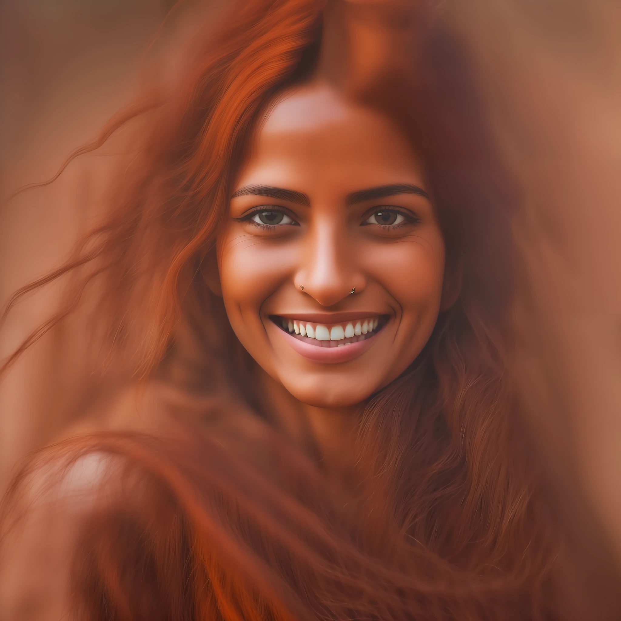 A woman in India has no clothes in her hair, she has red hair, brown hair, she wears clothes, there is a smile on her face