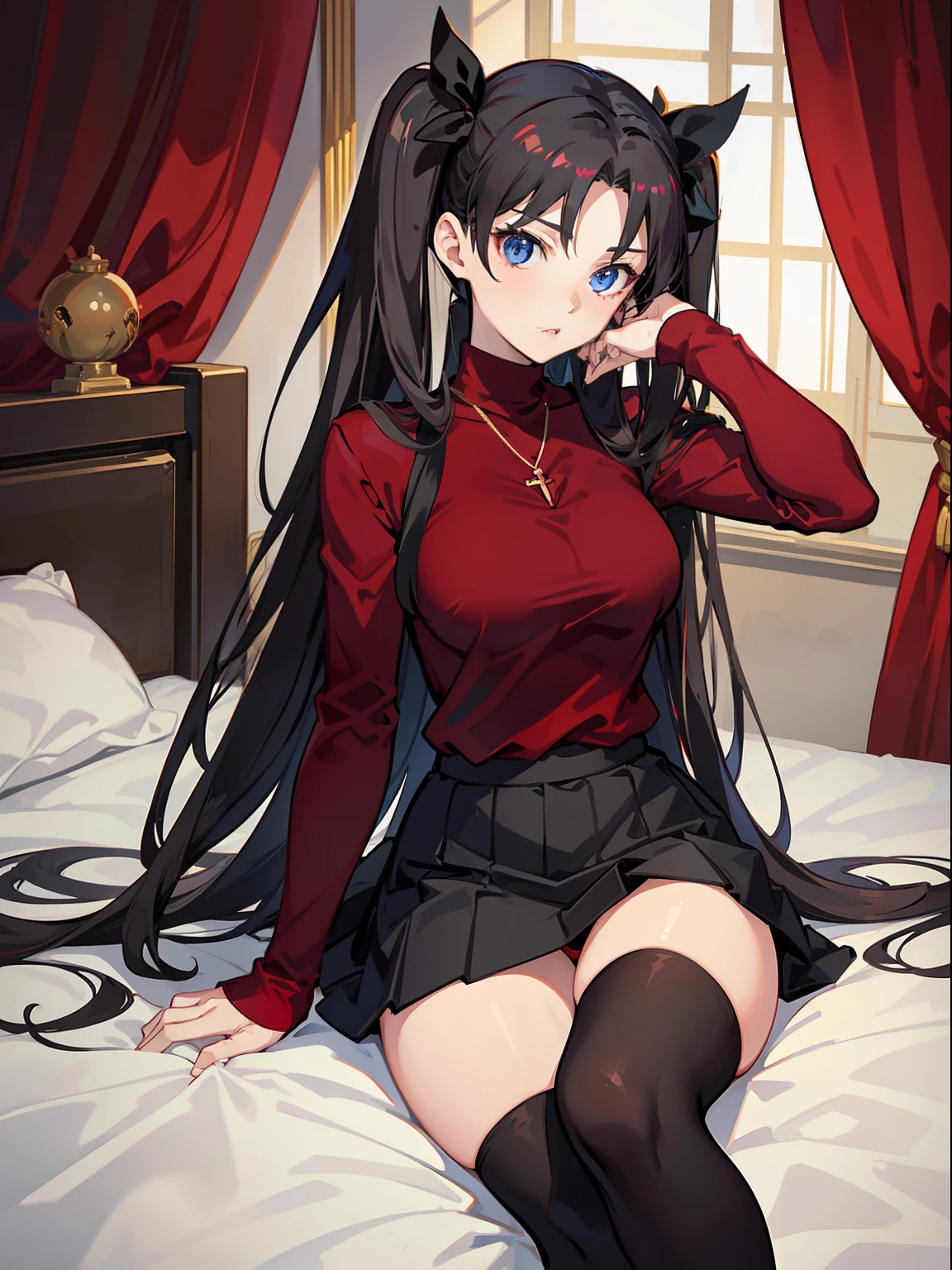 (best quality), [masterpiece], (rin tohsaka), sexy pose, breast, nudity, red sweater and black skirt, black thigh-highs, black twintails, blue eyes, on bed, white bed,