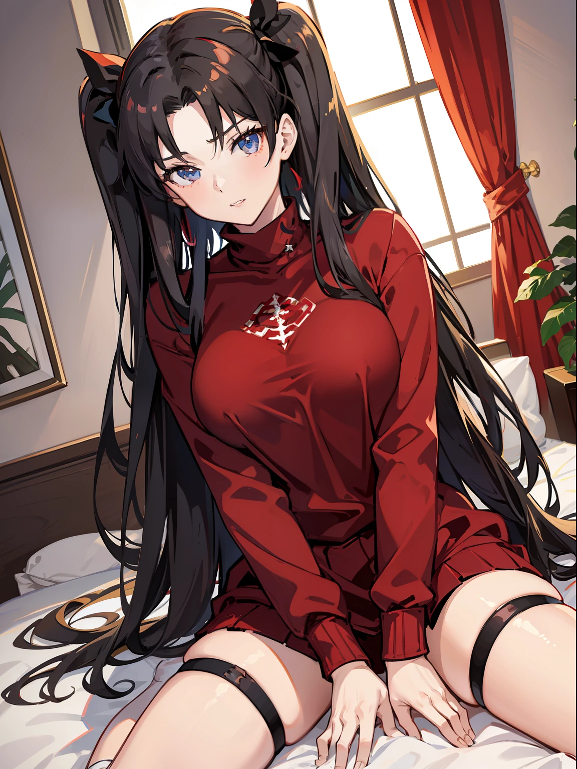 (best quality), [masterpiece], (rin tohsaka), sexy pose, breast, nudity, red sweater and black skirt, black thigh-highs, black twintails, blue eyes, on bed, white bed,