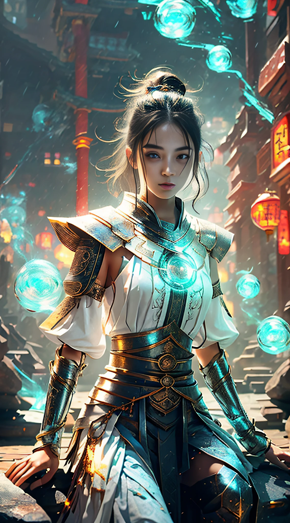 8k, complex, elegant, highly detailed, majestic, digital photography, denim lens, surrealist painting, broken glass, beating magic, winding lightning magic, (masterpiece, side light, fine beautiful eyes: 1.2), HDR, Void 5 energy lightning storm, (Chinese girl, black eyes: 1.5), pale skin, glowing skin, ( Sitting on a stone: 1.5), delicate face, black hair, wearing palatial blue armor, bare shoulders, navel, short skirt, fine blue armor, raining, beautiful, looking at the audience, facing the camera, masterpiece, upper body,