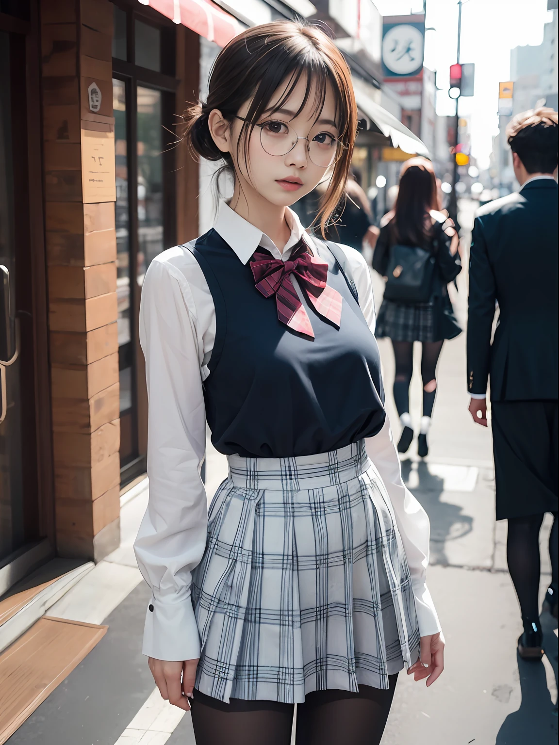 (8K、Raw photography、top-quality、masterpiece:1.2),Black pantyhose,absurderes,a small face,small tits,flat breast,Parting the bangs from the middle、Forehead visible,(Tight eyes,Bullish,skinny,Rasping,irate)、masterpiece,top-quality、超A high resolution,Raw photo,ren,Beautiful fece,One Person, 独奏,eye glass,,Dark look,Small breasts,fullllbody,Round glasses、cute little、A Japanese Lady,is standing,(Tight eyes,Bullish,skinny,Rasping,irate,small tits,flat breast)、(Photorealsitic:1.37)、Photon mapping,Light blue ribbon,Realistic、Cute little face,Brown-eyed、Black socks、(Red bow tie)、Radio City、Physically Based Rendering、Foreground、depth of fields、Blurry background、a picture,The girls、Body, Long legs, Thin leg,poneyTail,(Bangs are visible), hair, s lips, Blue_The eye, nosesoft,White shirt, Navy blue and white plaid pleated skirt, Knees are visible,Sheer clothing,, Thigh, Black cotton socks,Nogizaka Idol, 女優, Japanese ido