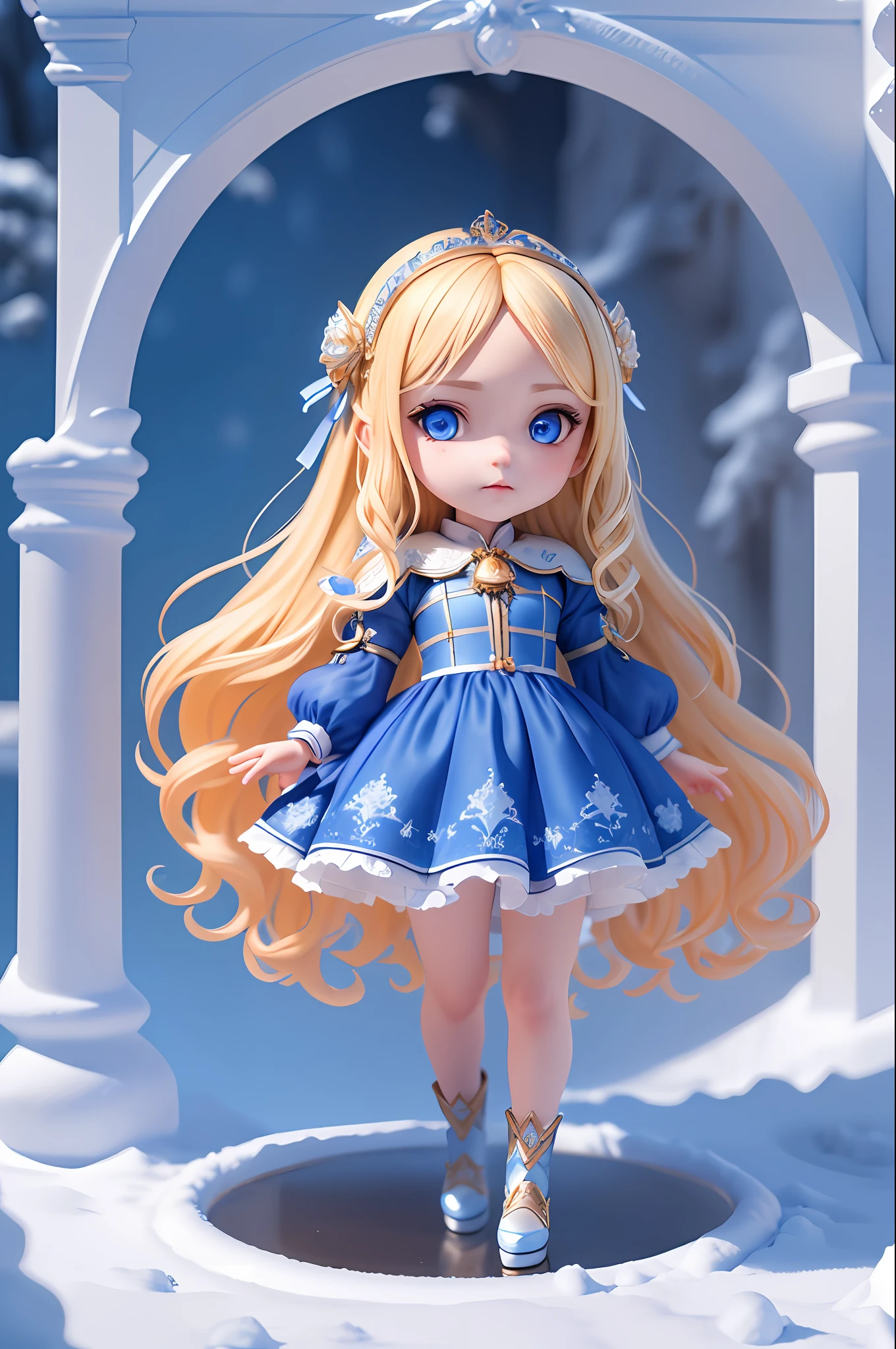 (((masterpiece))), (((best quality))), ((ultra-detailed)), (highly detailed CG illustration), cinematic light, intricate detail, full body, chibi , blonde hairs, blue eyes, blue clothes, arcana, full body, ice castle background, standing in the snow